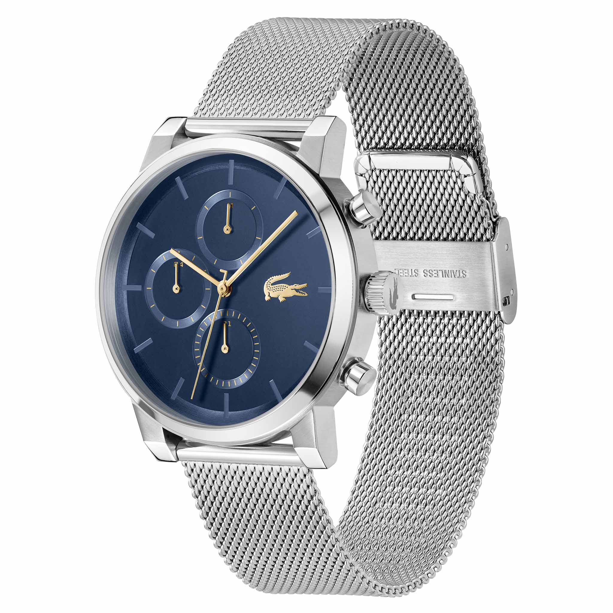 Lacoste Silver-Tone Steel Mesh Blue Dial Multi-function Men's Watch - 2011409