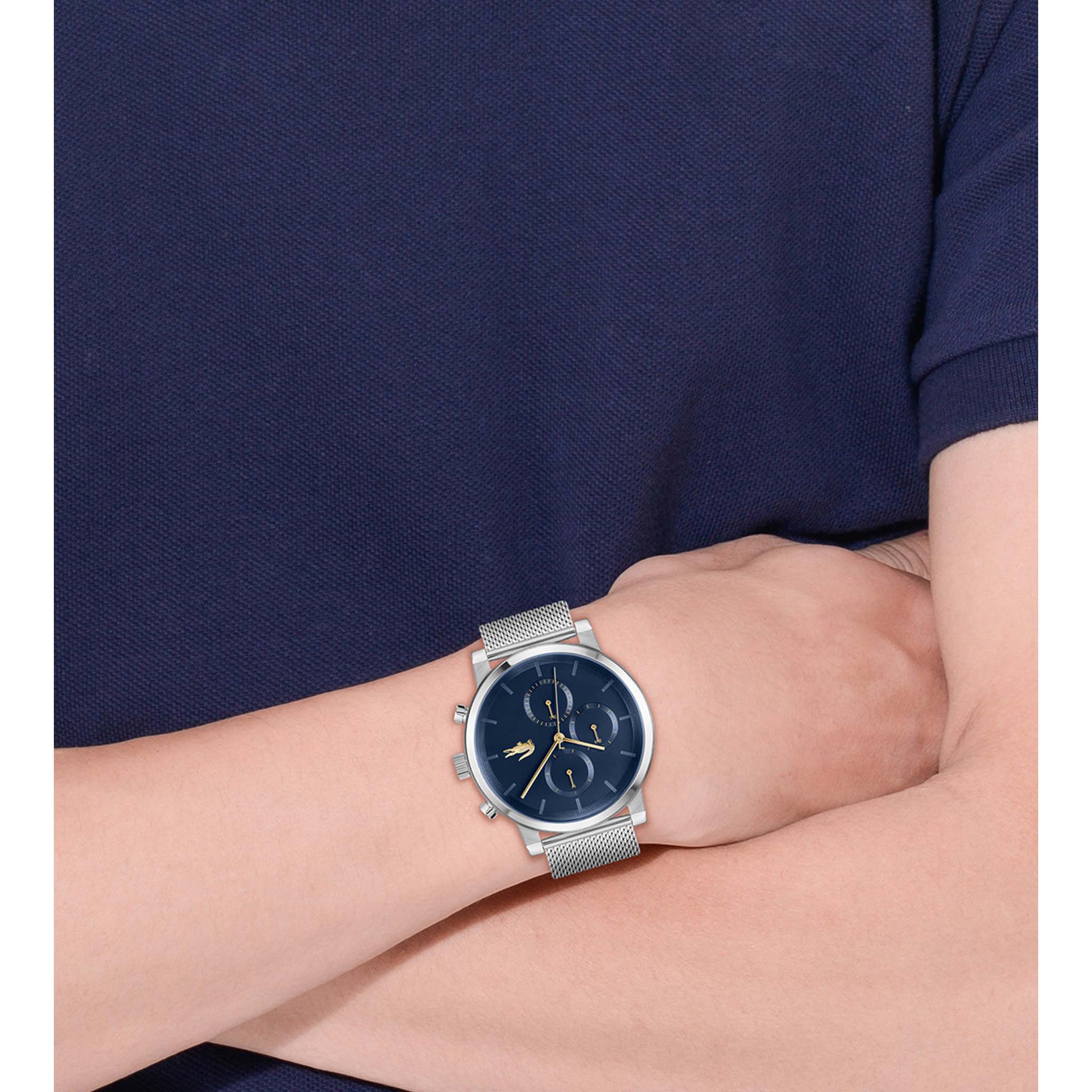 Lacoste Silver-Tone Steel Mesh Blue Dial Multi-function Men's Watch - 2011409