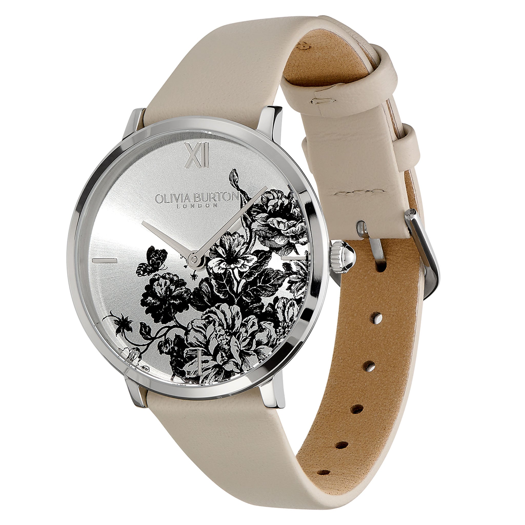 Olivia Burton Antique Pearl Leather Silver Dial Slim Women's Watch - 24000113