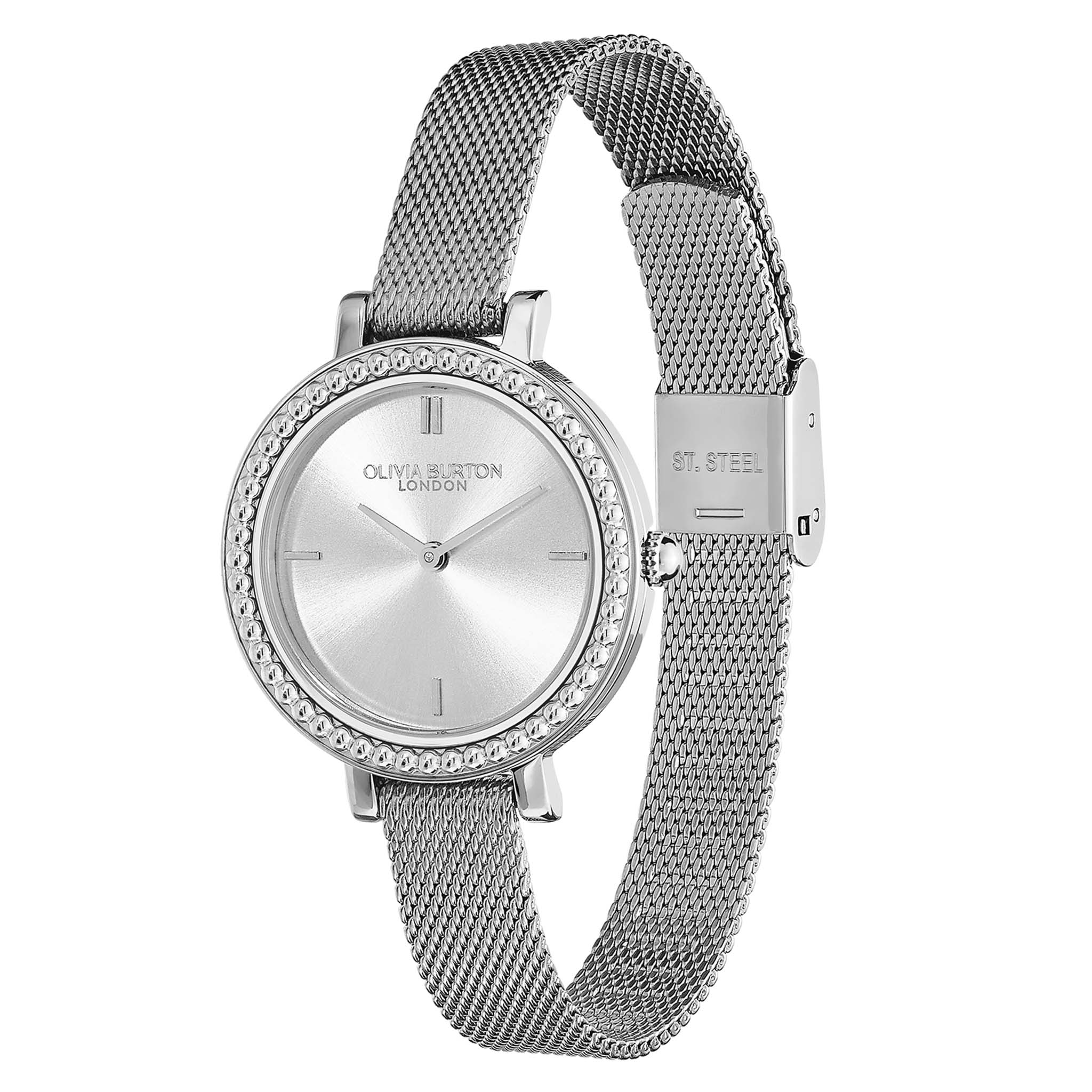Olivia Burton Stainless Steel Mesh Silver White Dial Women's Watch - 24000160