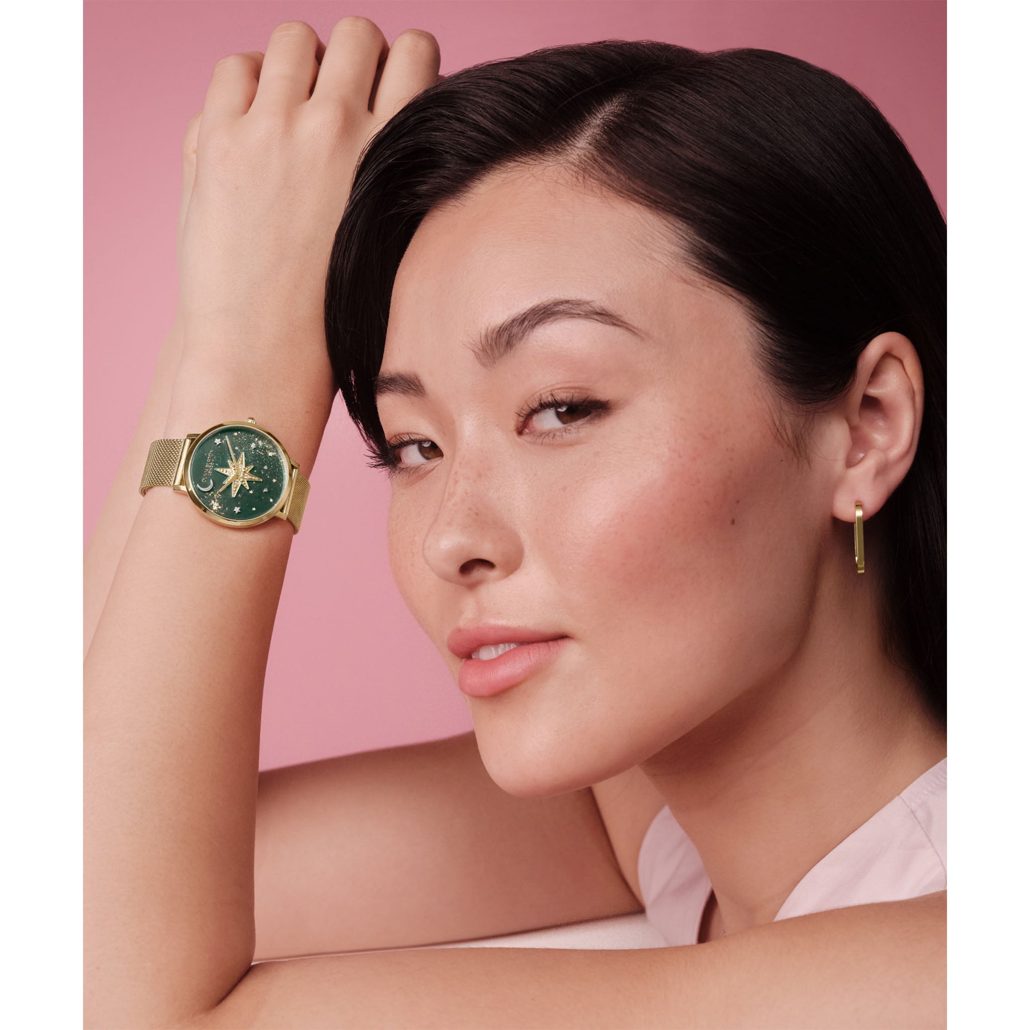 Olivia Burton Gold Steel Mesh Forest Green Dial Women's Watch - 24000323