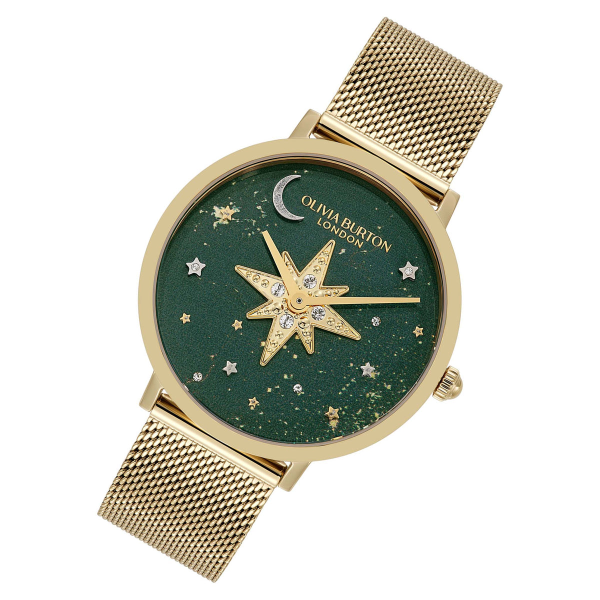 Olivia Burton Gold Steel Mesh Forest Green Dial Women's Watch - 24000323