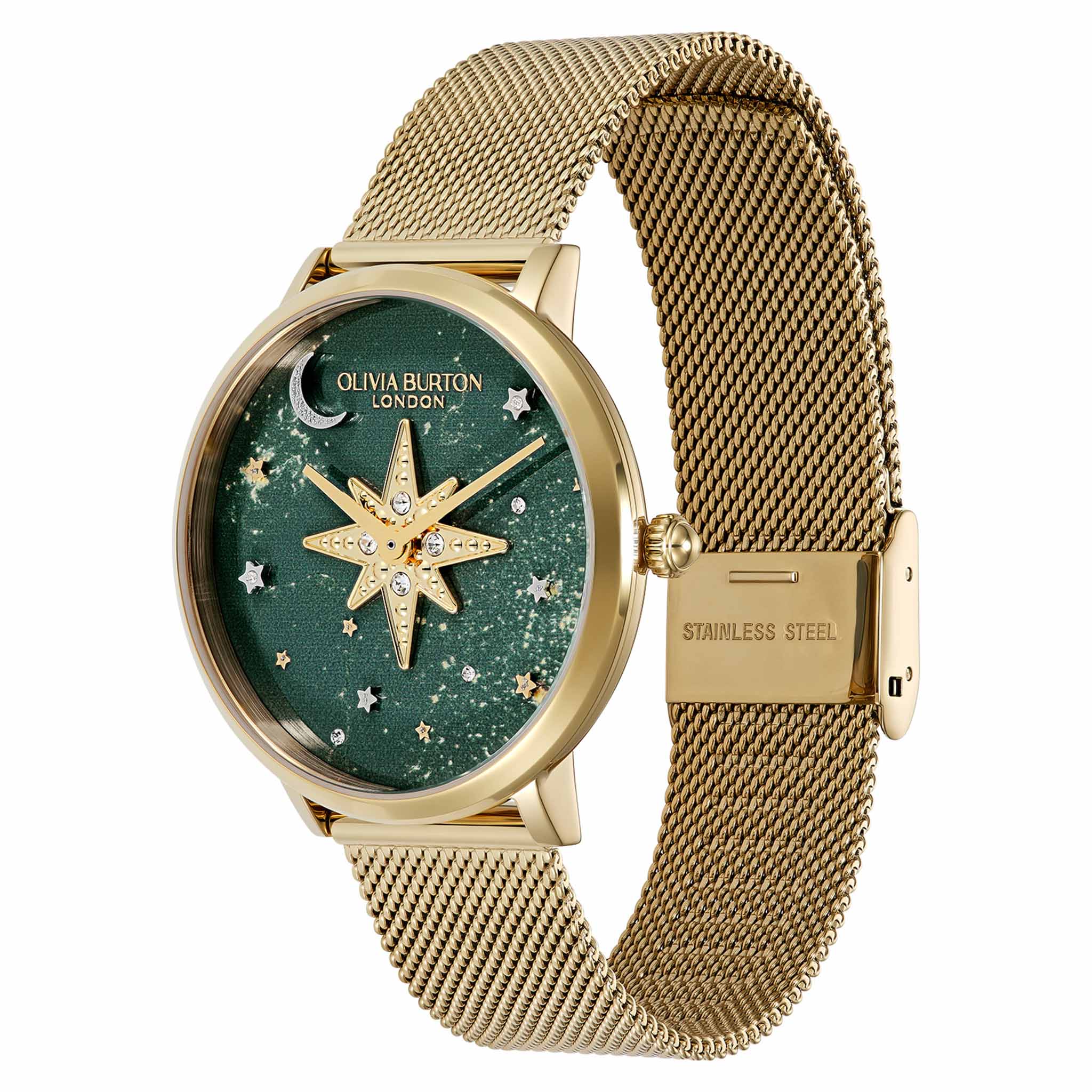 Olivia Burton Gold Steel Mesh Forest Green Dial Women's Watch - 24000323
