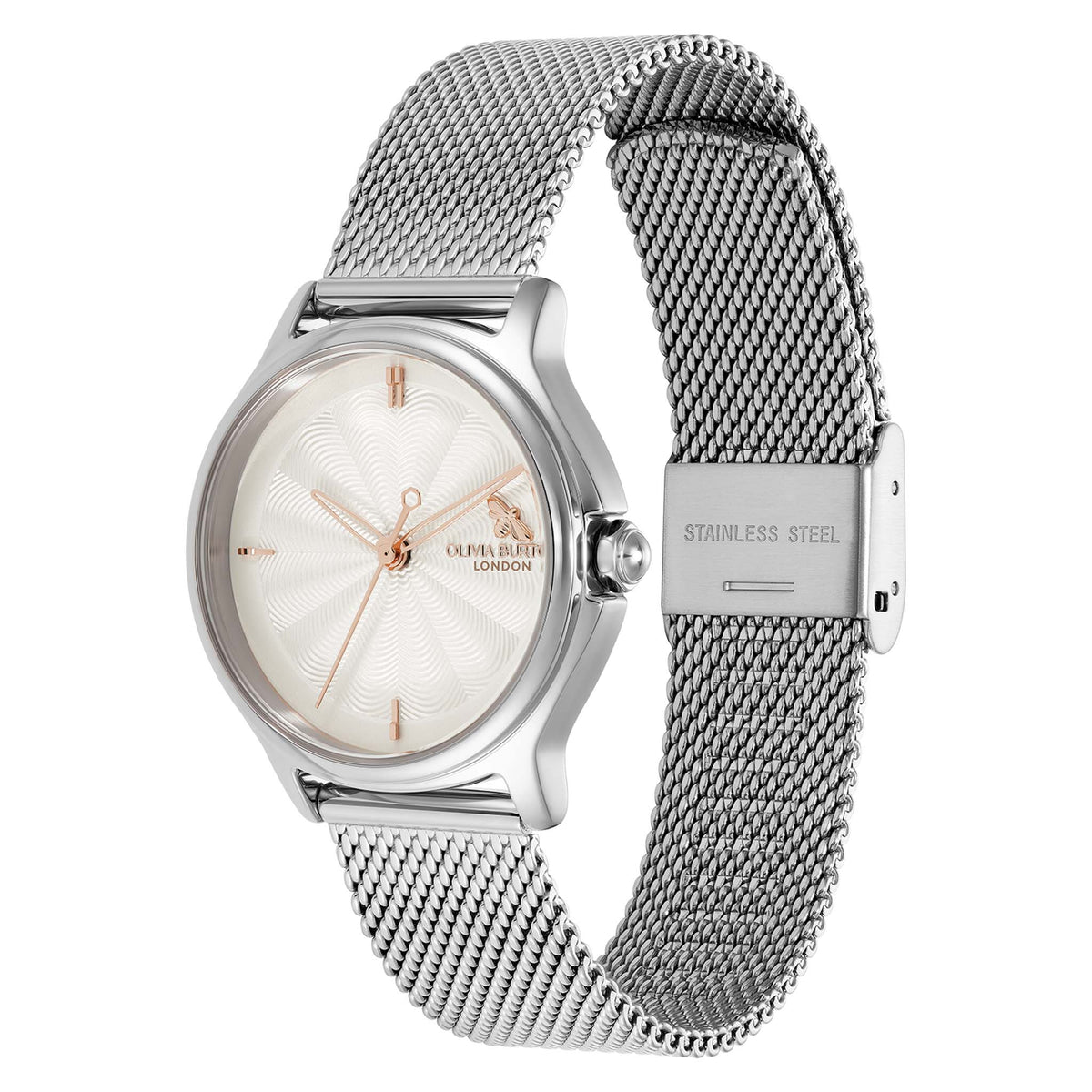Olivia Burton Stainless Steel Mesh Silver White Dial Women's Watch - 24000340