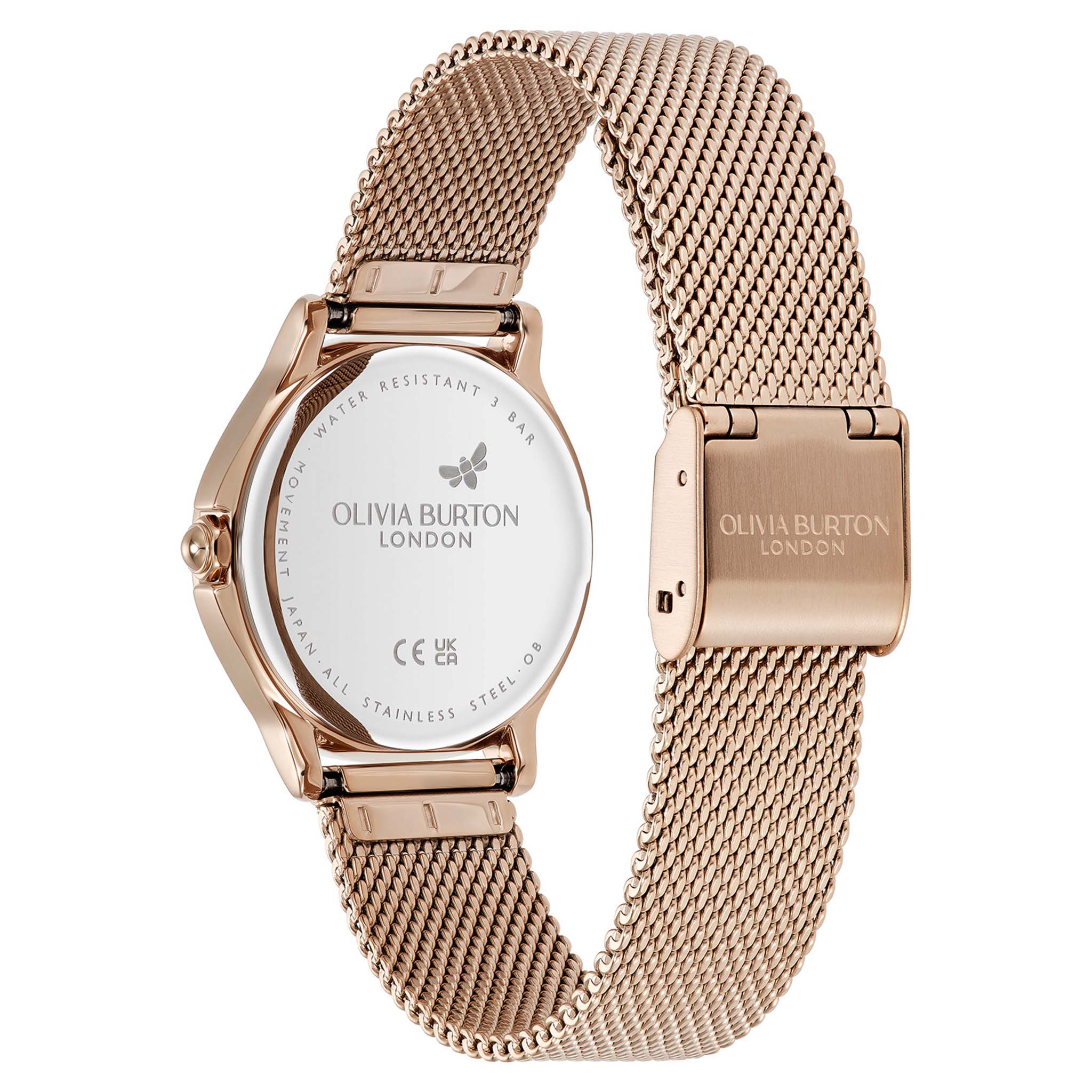 Olivia Burton Rose Gold Steel Mesh Silver White Dial Women's Watch - 24000342