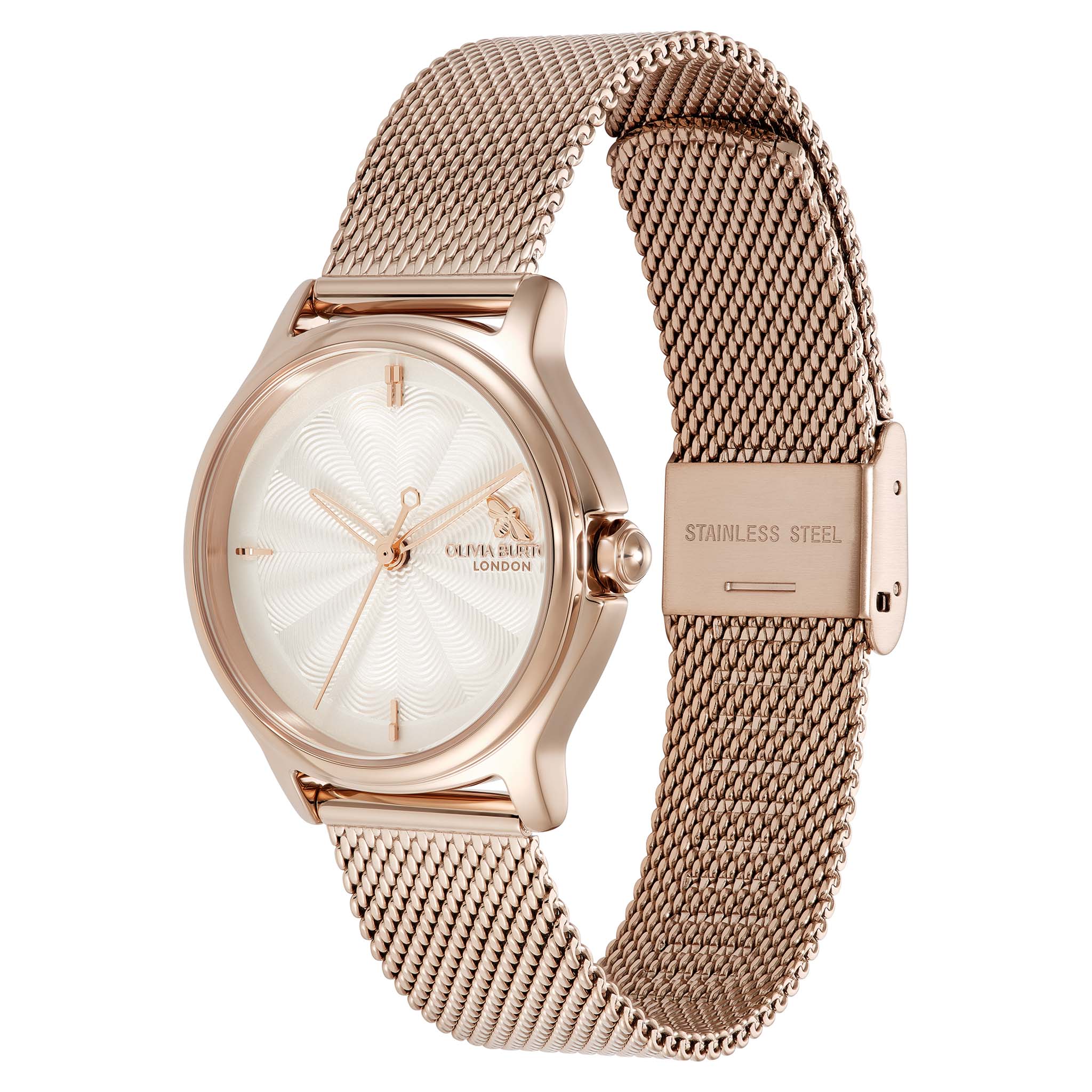 Olivia Burton Rose Gold Steel Mesh Silver White Dial Women's Watch - 24000342