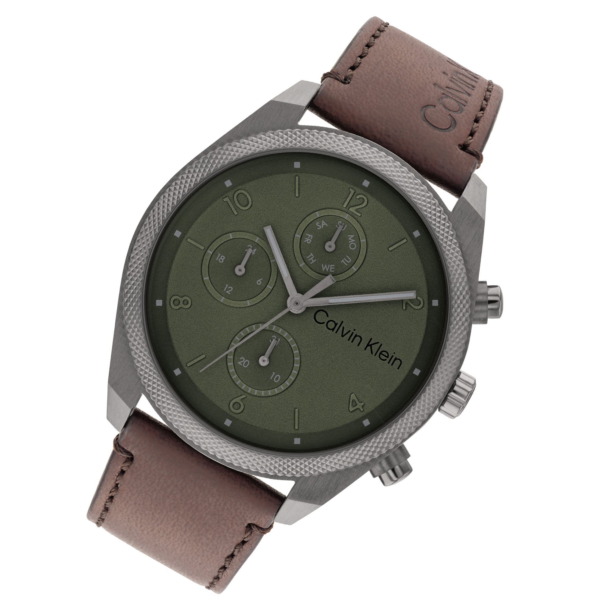 Calvin Klein Dark Brown Leather Green Dial Multi-function Men's Watch - 25200363
