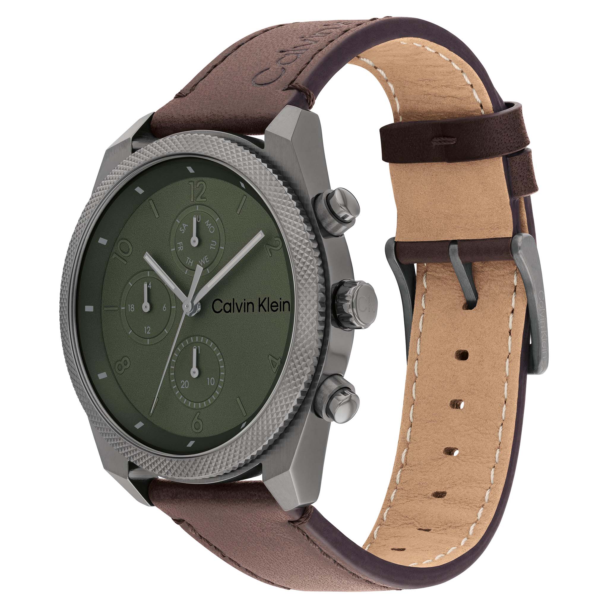 Calvin Klein Dark Brown Leather Green Dial Multi-function Men's Watch - 25200363