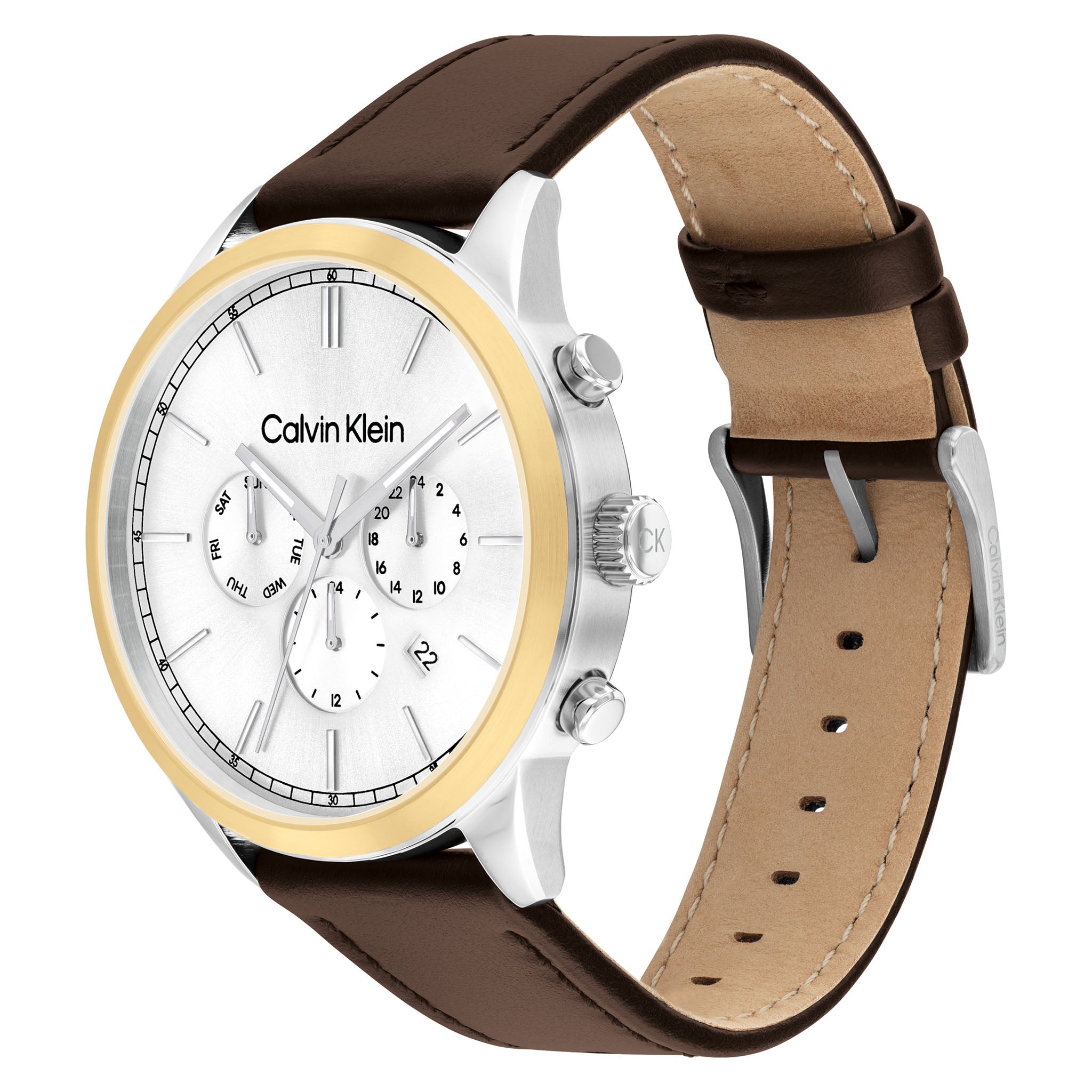 Calvin Klein Brown Leather Silver White Dial Multi-function Men's Watch - 25200381