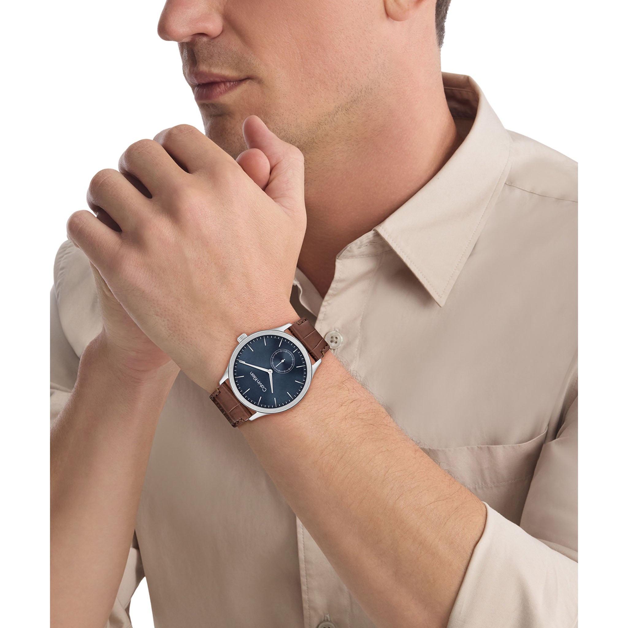 Calvin Klein Brown Leather Blue Dial Men's Watch - 25200552