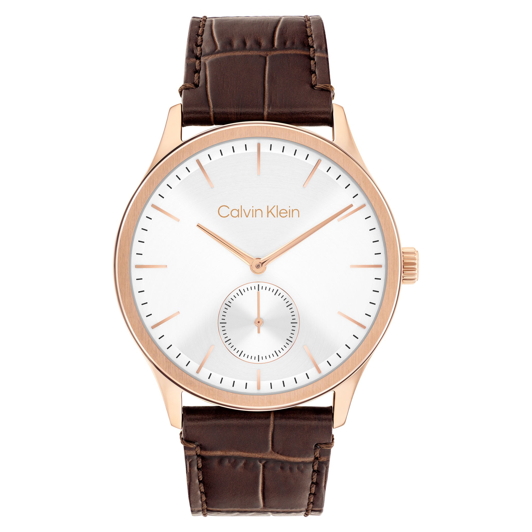 Calvin Klein Dark Brown Leather Silver White Dial Men's Watch - 25200553