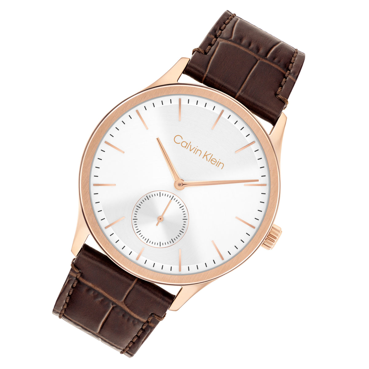 Calvin Klein Dark Brown Leather Silver White Dial Men's Watch - 25200553