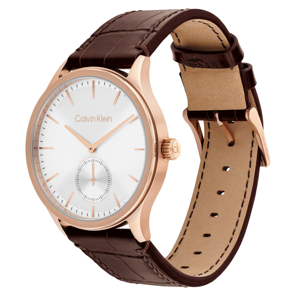 Calvin Klein Dark Brown Leather Silver White Dial Men's Watch - 25200553