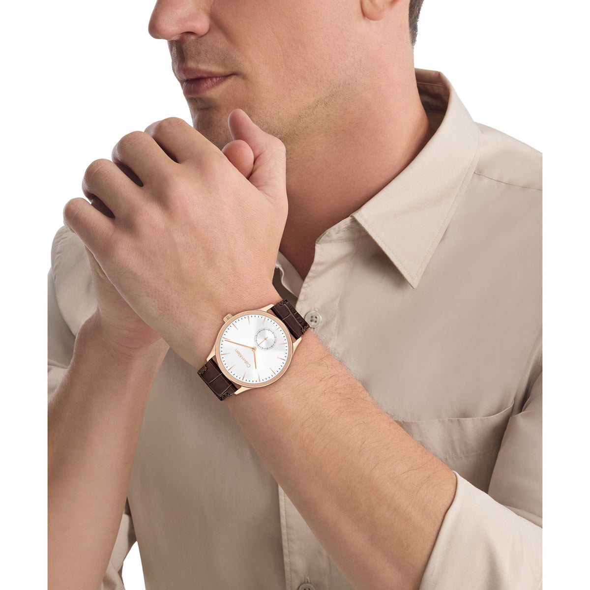 Calvin Klein Dark Brown Leather Silver White Dial Men's Watch - 25200553