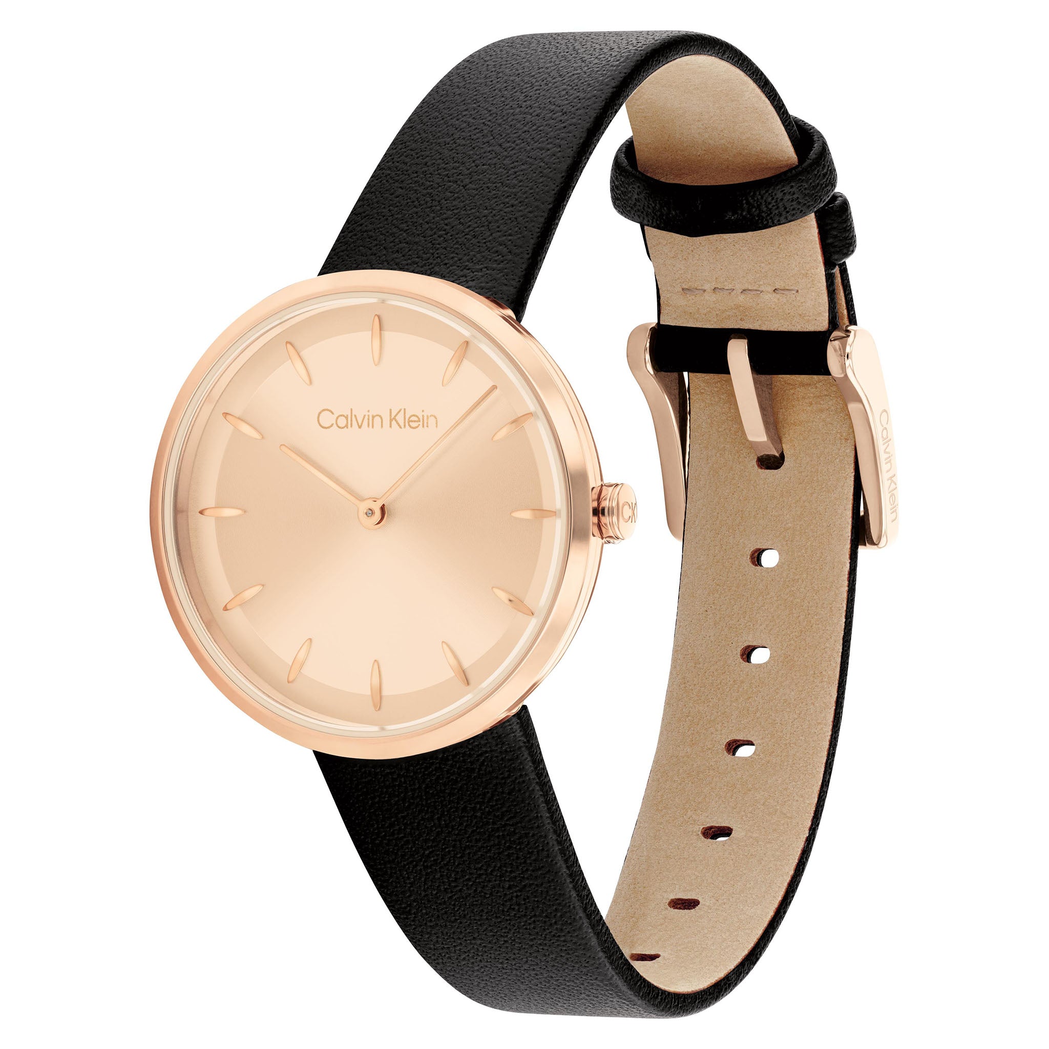 Calvin Klein Rose Gold Steel with Black Leather Carnation Gold Dial Women's Gift Set Watch - 25700001