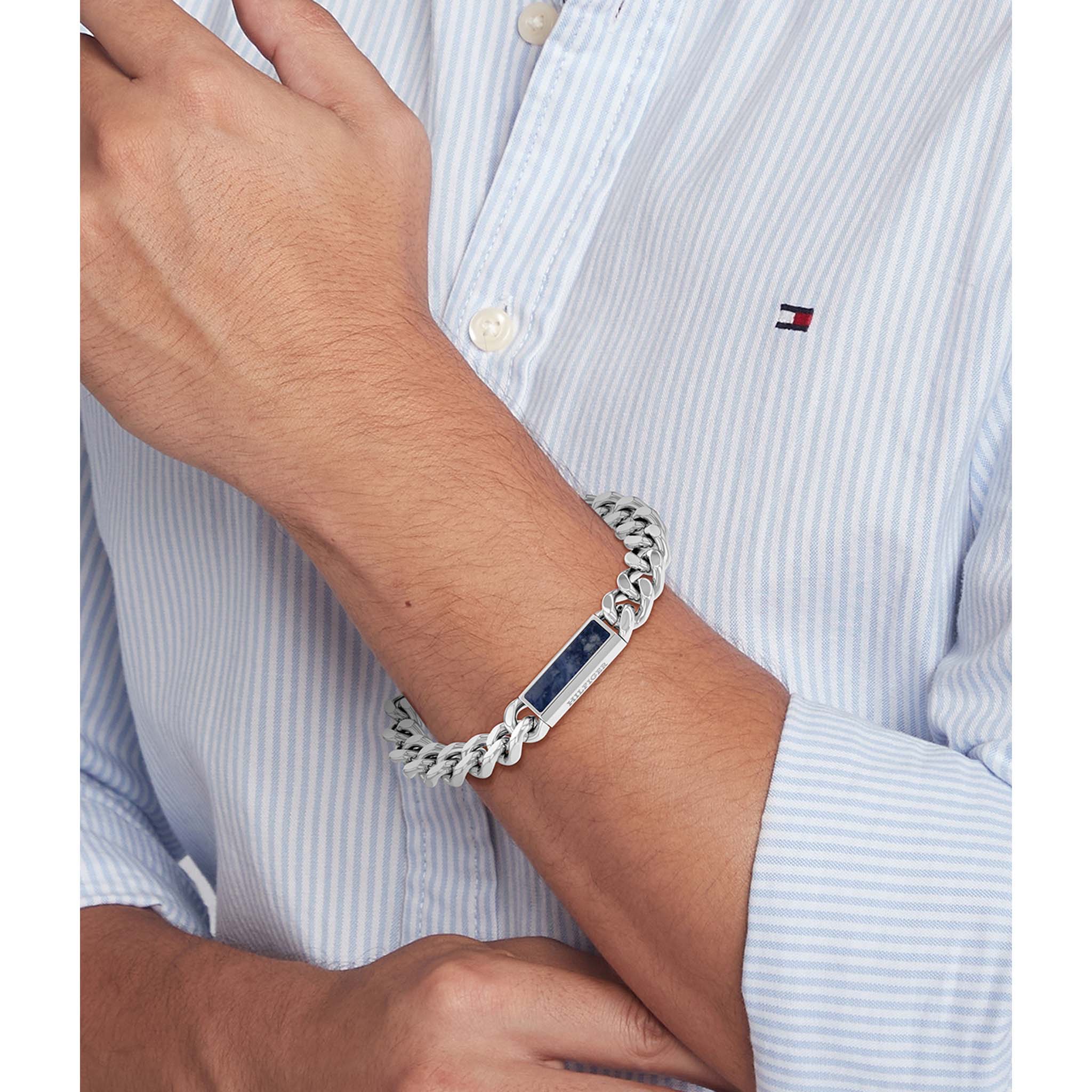 Tommy Hilfiger Jewellery Stainless Steel & Blue Sodalite Stone Men's Chain Bracelet - 2790538