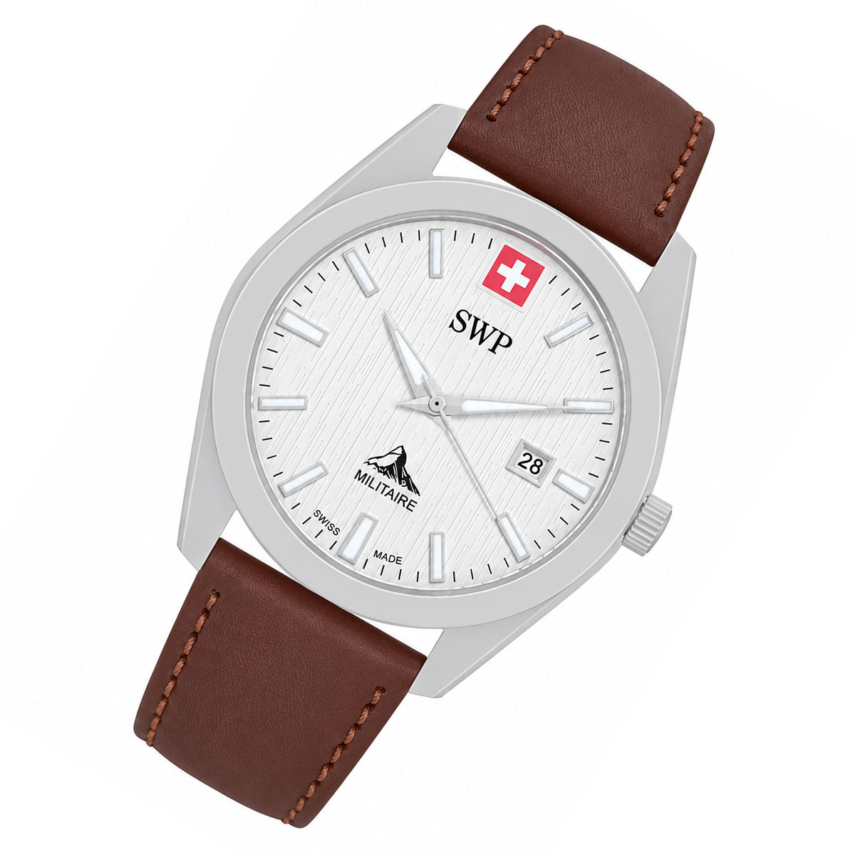 SWP Brown Leather White Dial Men's Swiss Made Watch - H226ALI