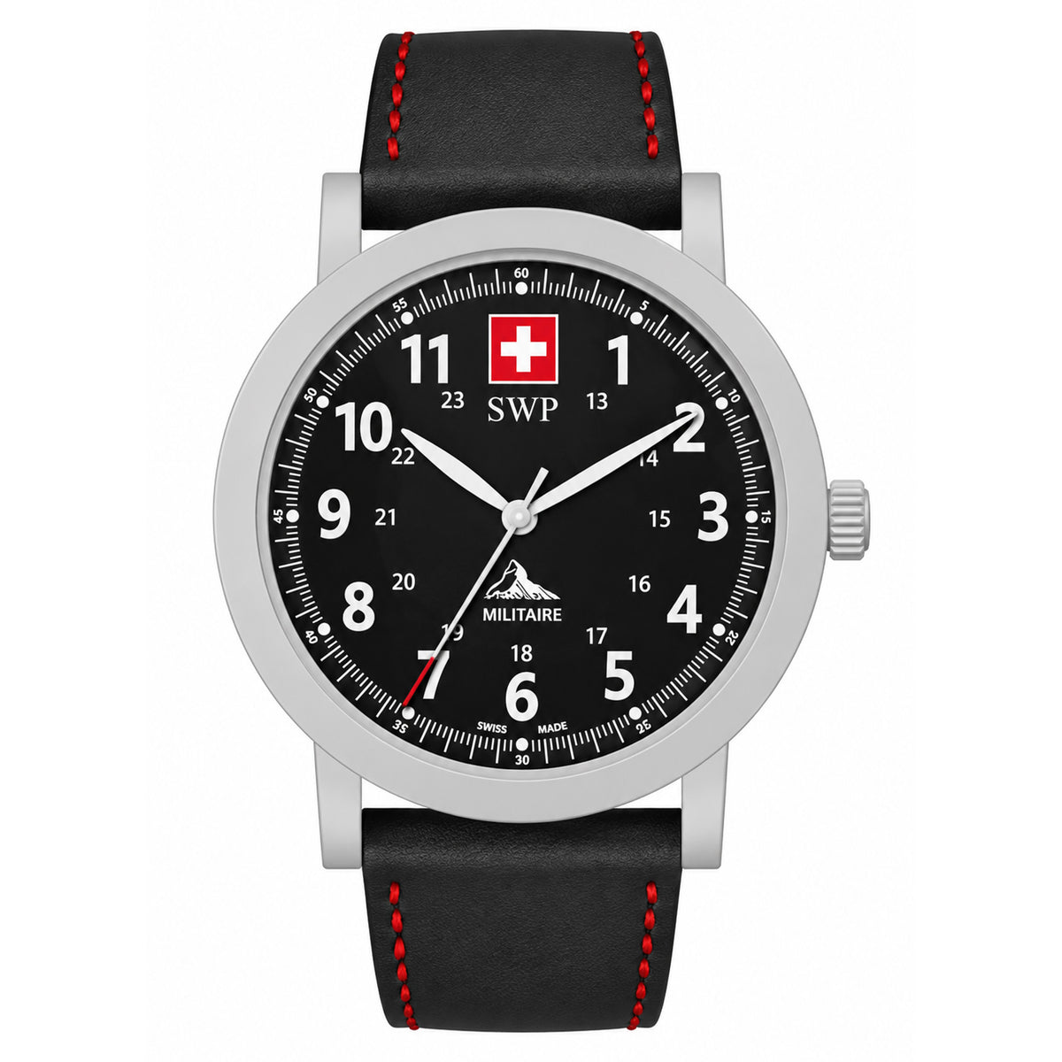 SWP Black & Red Leather Men's Swiss Made Watch - H227ALN