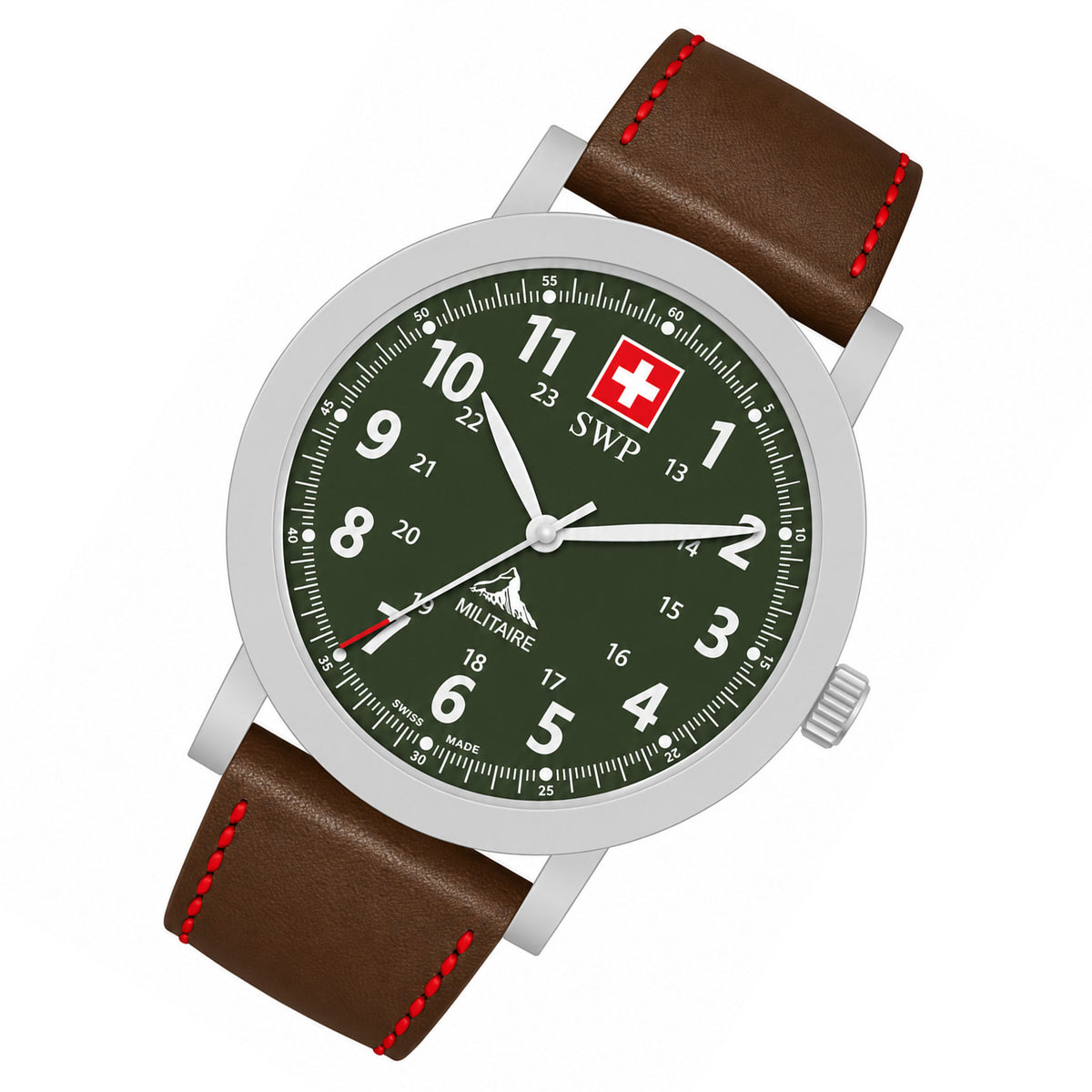 SWP Brown & Red Leather Green Dial Men's Swiss Made Watch - H227ALV
