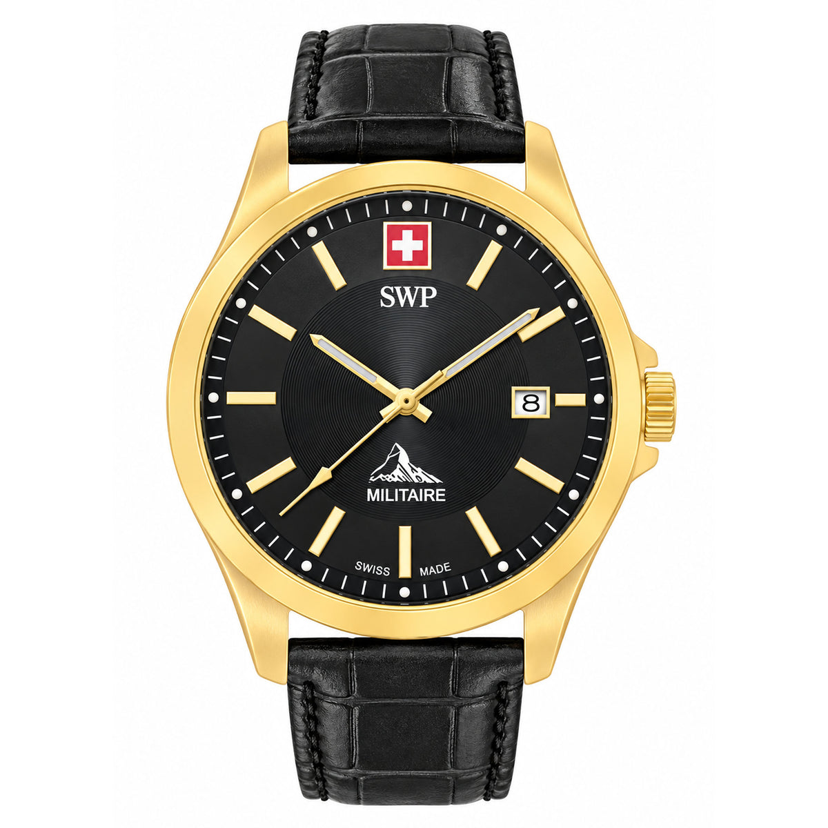 SWP Black Leather Men's Swiss Made Watch - H984PLN