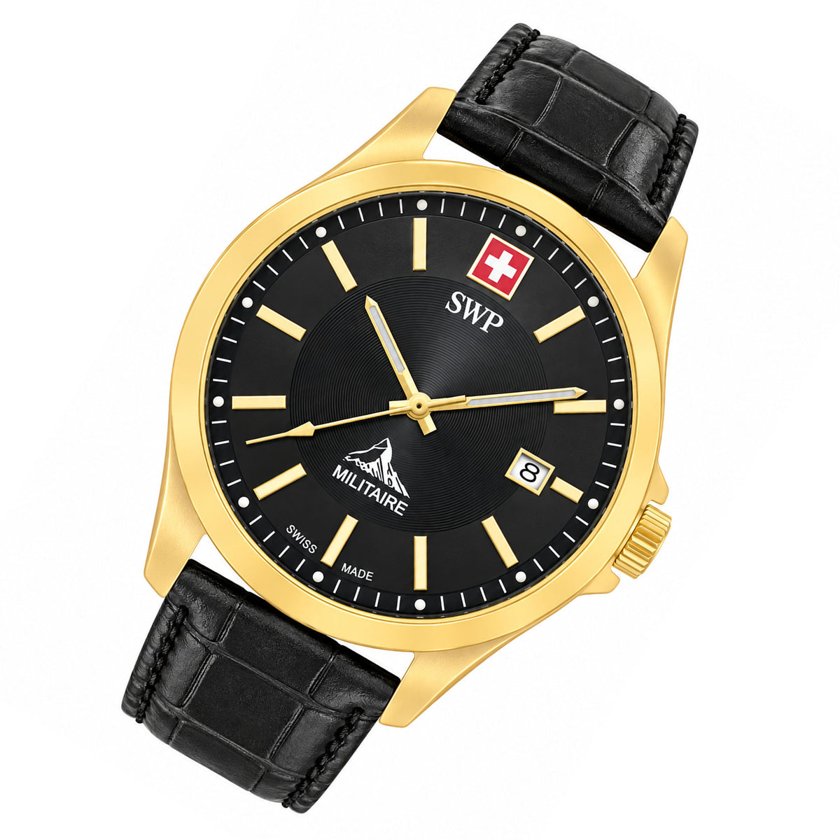 SWP Black Leather Men's Swiss Made Watch - H984PLN