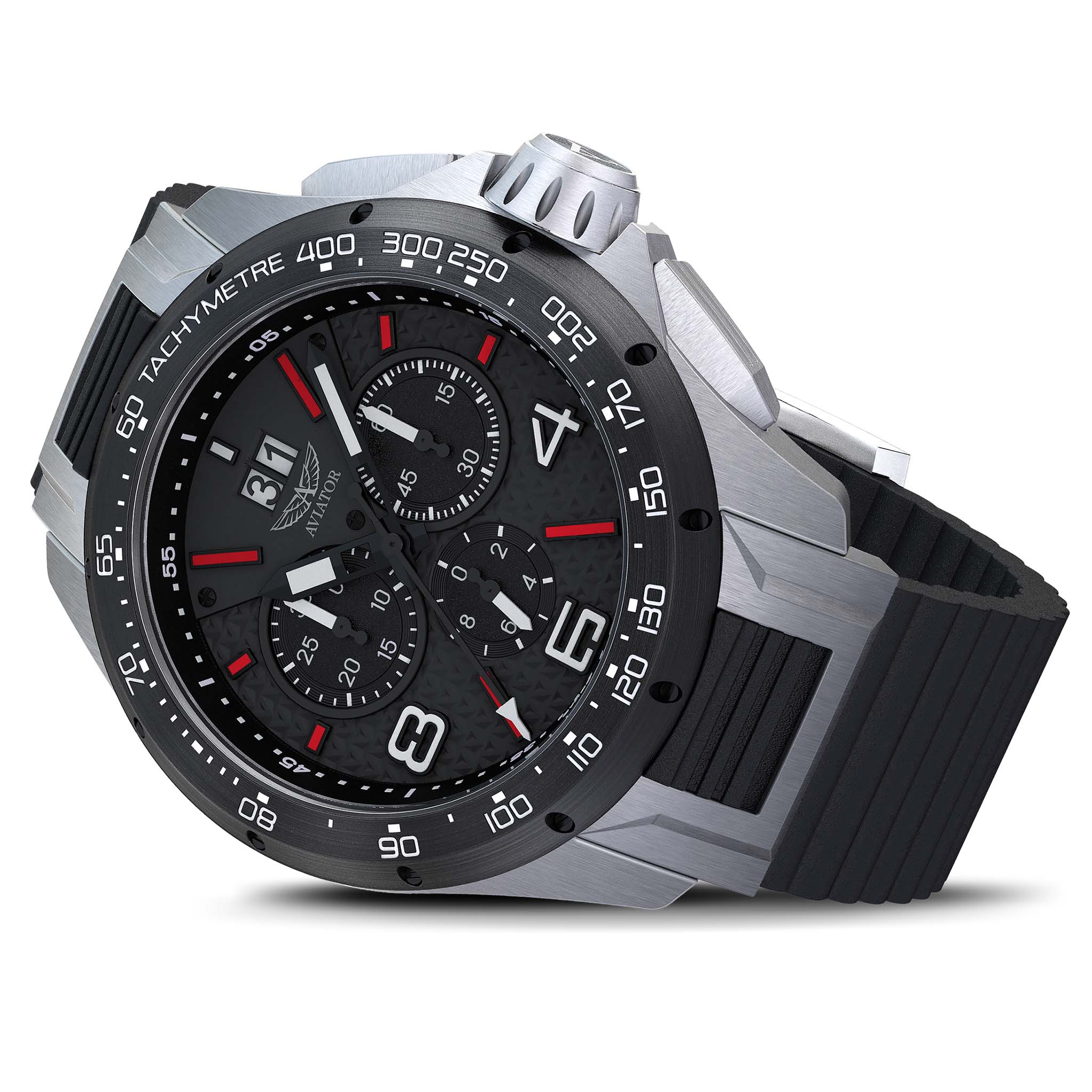 Aviator Black Rubber Grey Dial Chronograph Swiss Made Men's Watch - M21951346