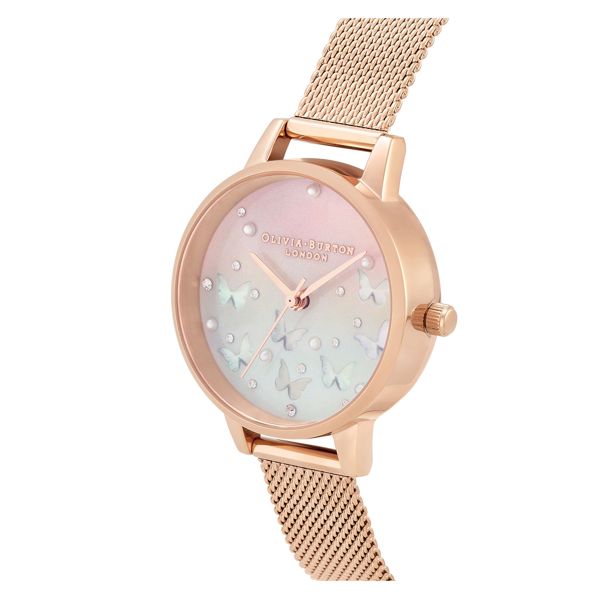 Olivia Burton Sparkle Butterfly, Midi Blush Dial With Blue Mother of Pearl, Rose Gold Mesh Women's Watch - OB16MB38