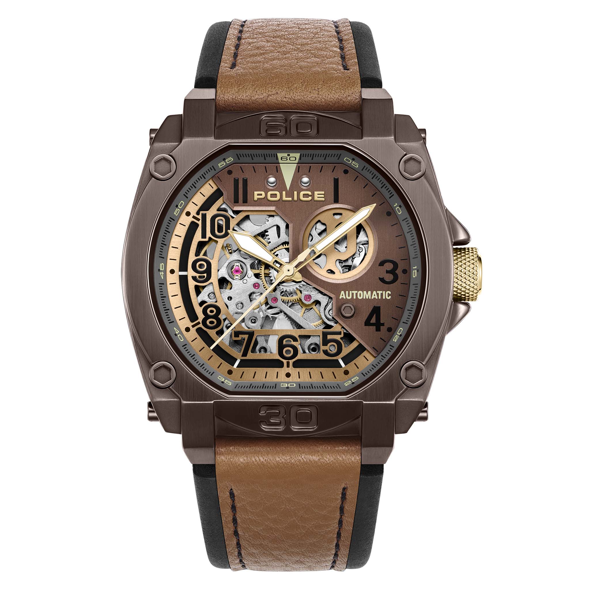 Police Black & Tan Leather Brown Dial Automatic Men's Watch - PEWGE0040002