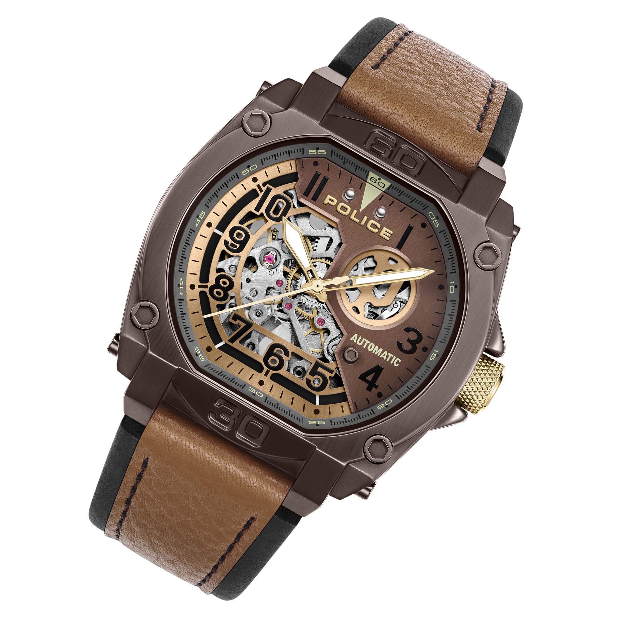 Police Black & Tan Leather Brown Dial Automatic Men's Watch - PEWGE0040002