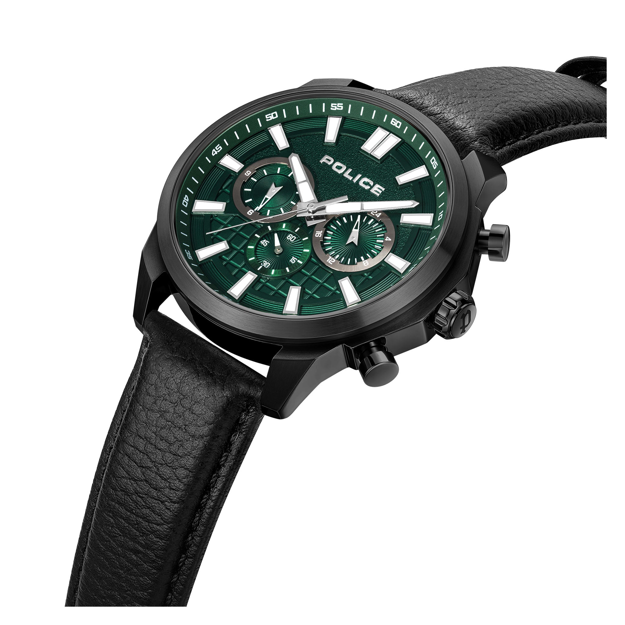 Police Black Leather Green Dial Multi-function Men's Watch - PEWGF0021007M