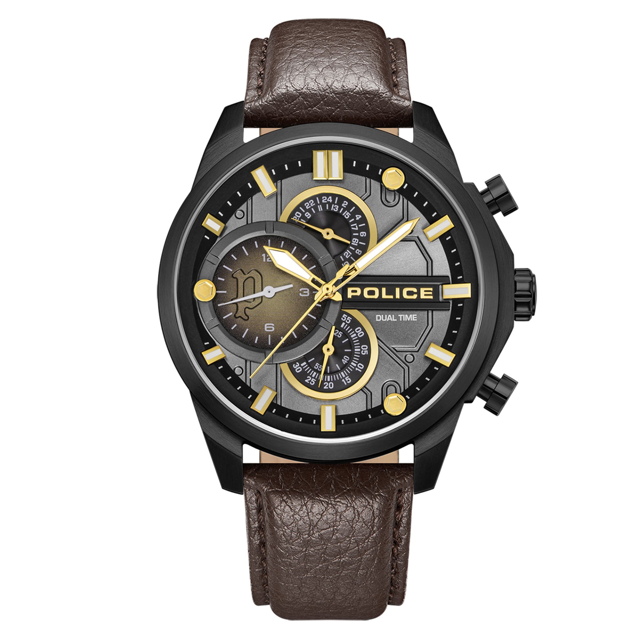 Police Brown Leather Cool Grey Dial Multi-function Men's Watch - PEWGF0039203M