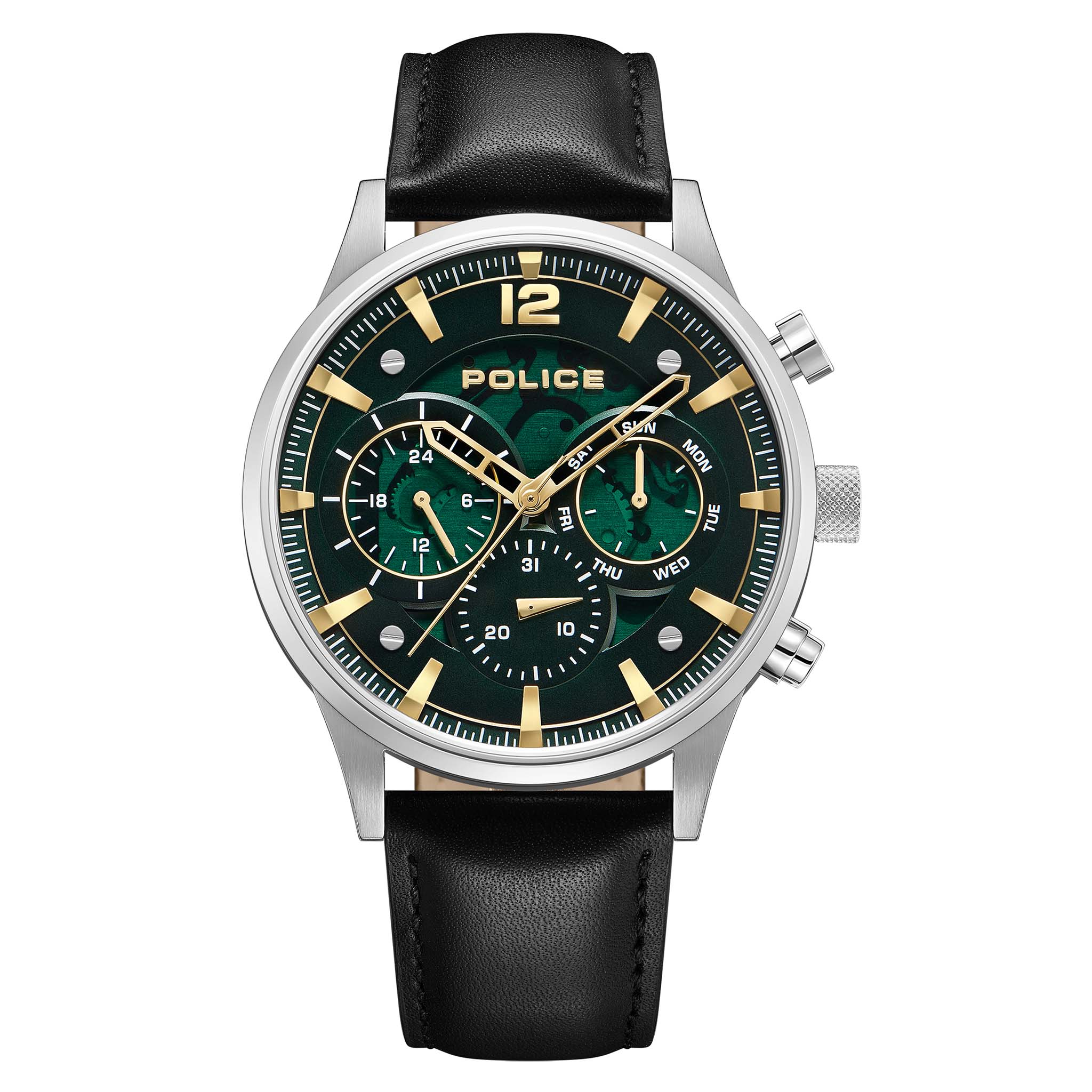 Police Black Leather Green Dial Multi-function Men's Watch - PEWGF0040201