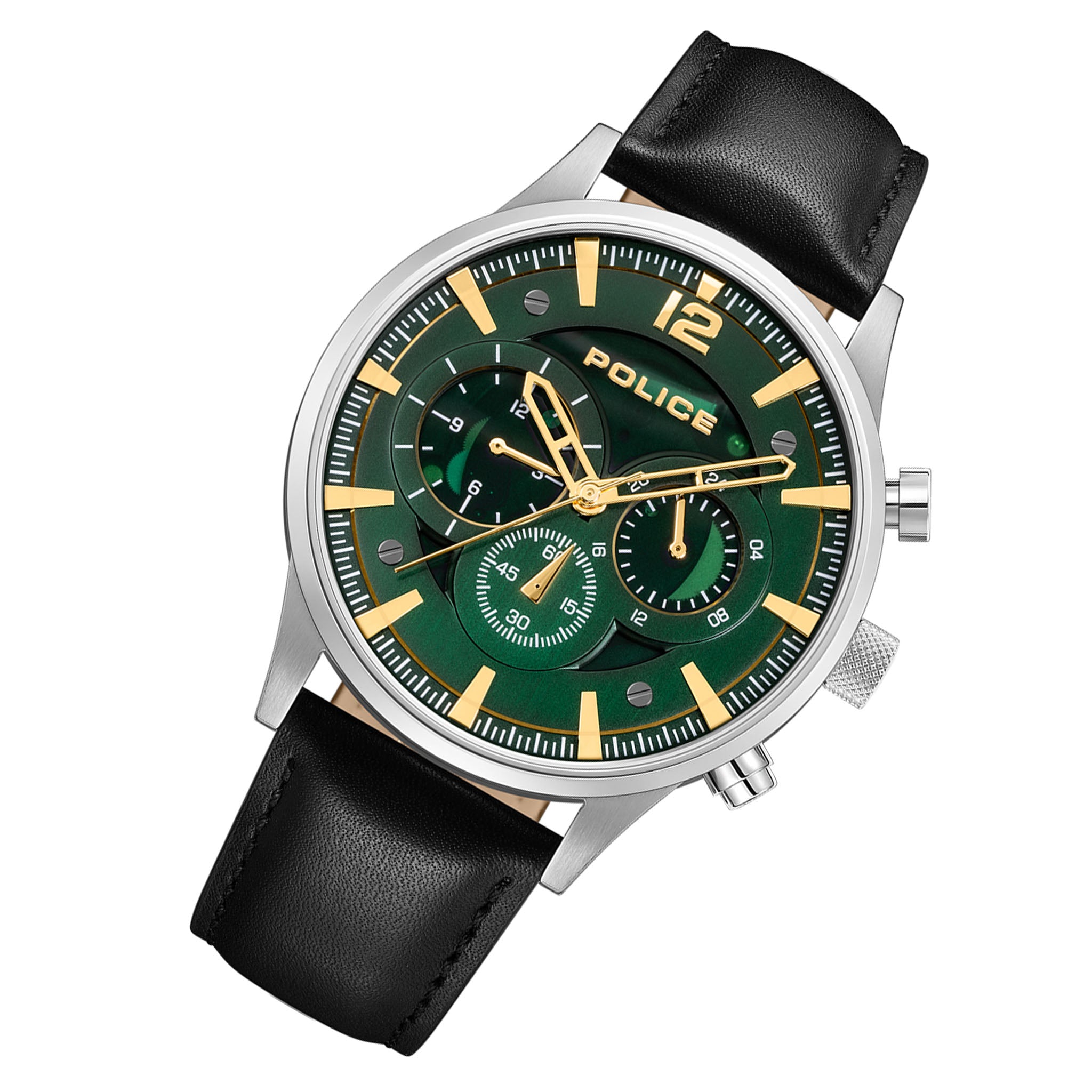 Police Black Leather Green Dial Multi-function Men's Watch - PEWGF0040201