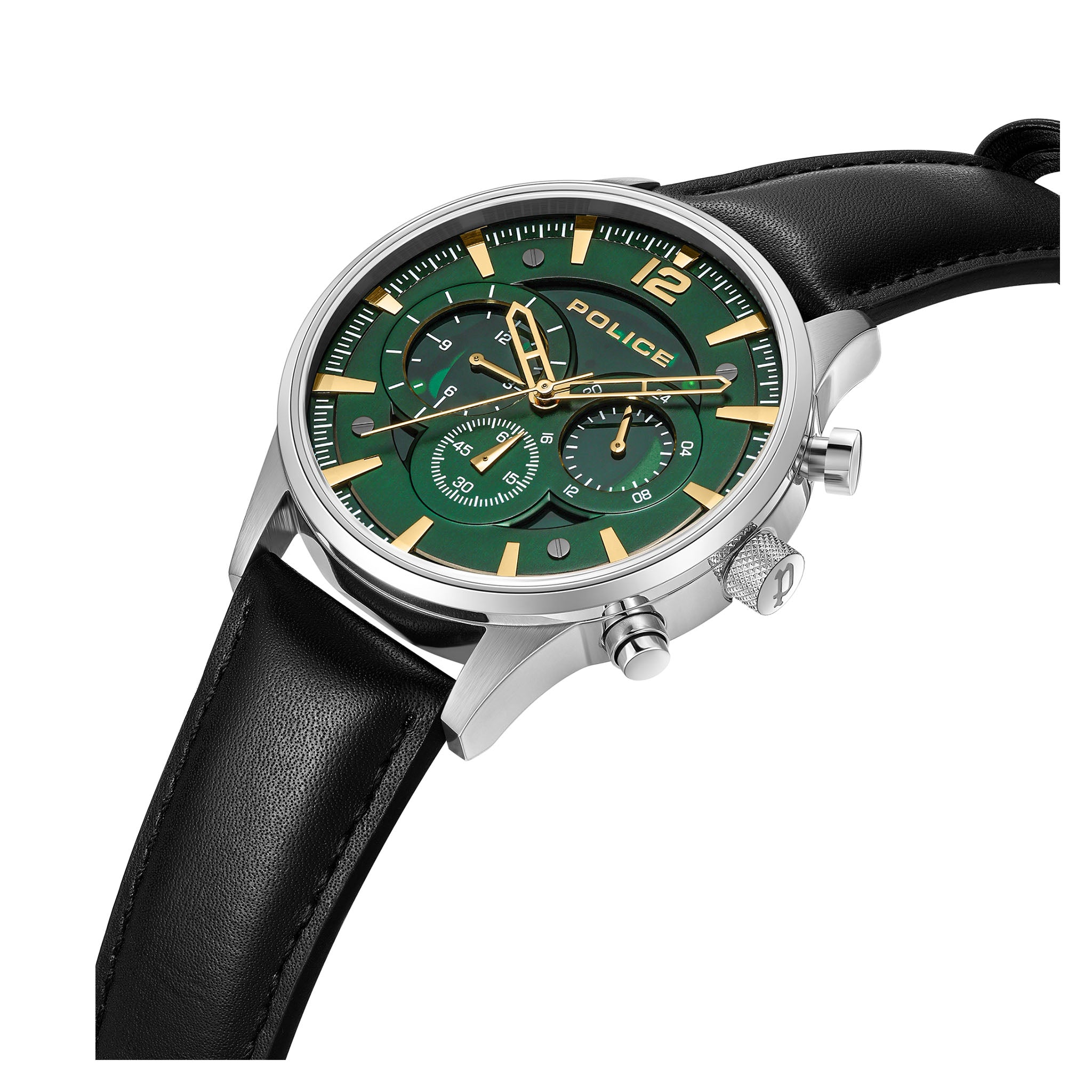 Police Black Leather Green Dial Multi-function Men's Watch - PEWGF0040201