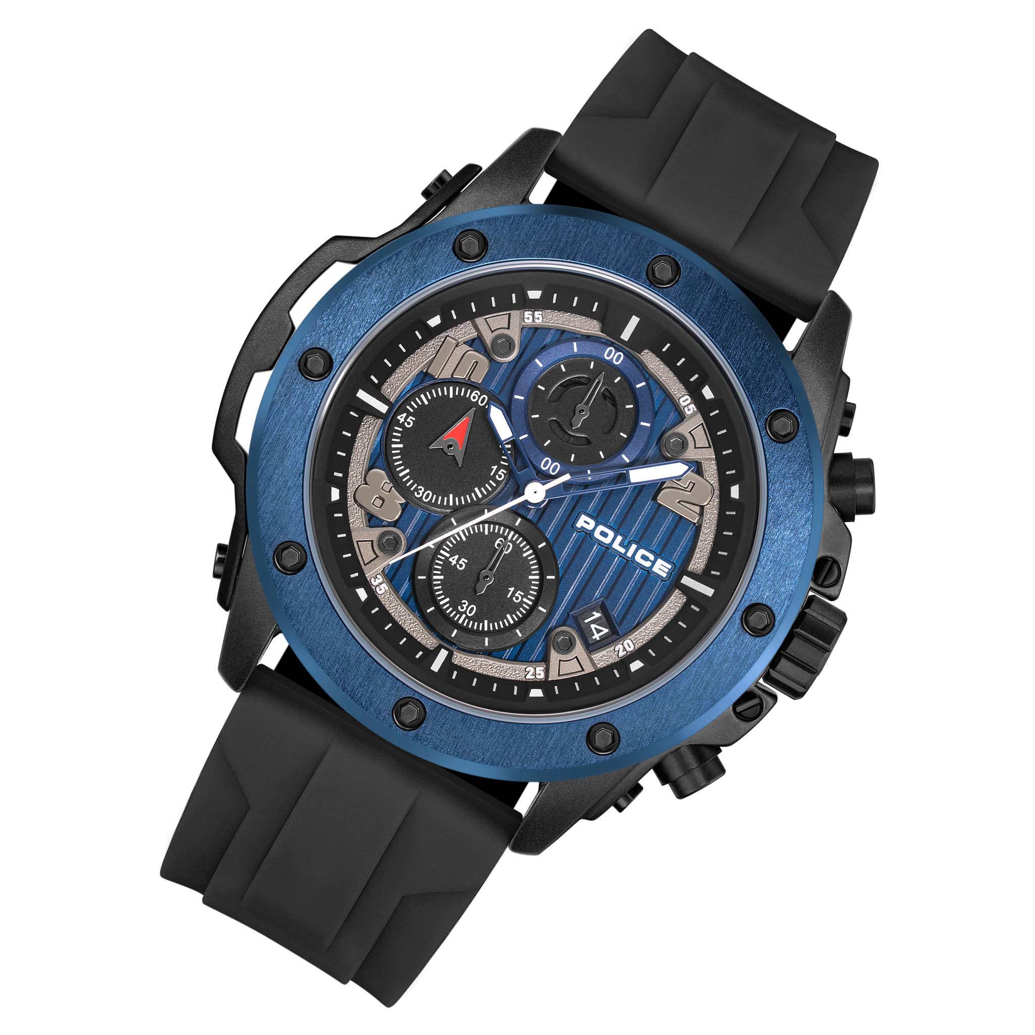 Police Black Silicone Blue Dial Men's Watch - PEWGO00777X0