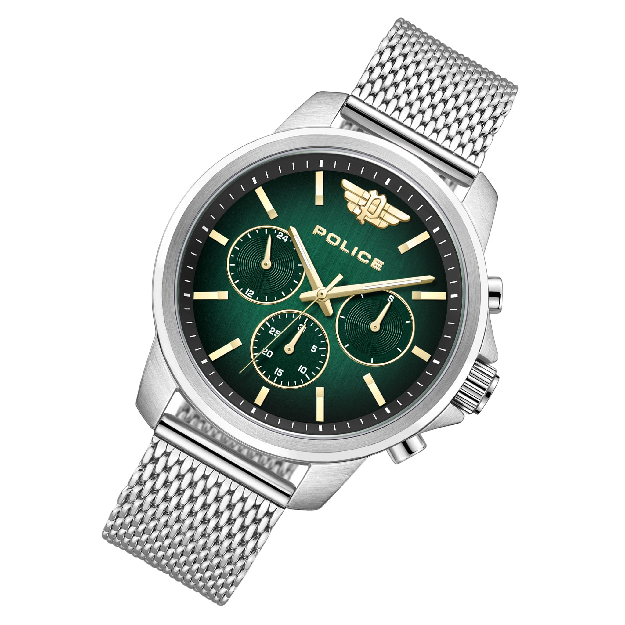 Police Silver Steel Mesh Green Dial Chronograph Men's Watch - PEWJK0006303