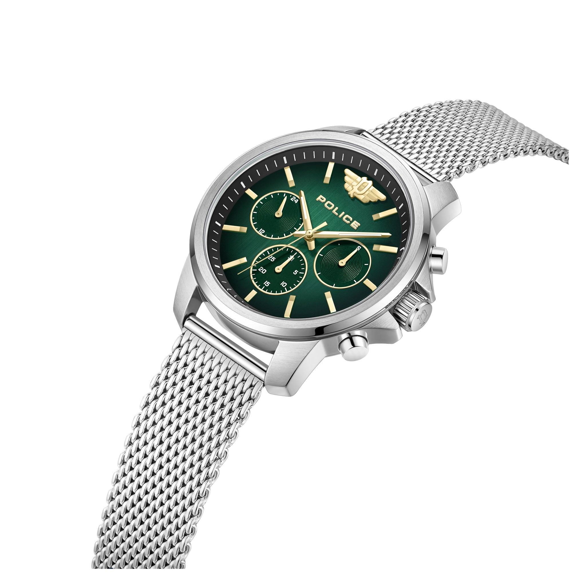 Police Silver Steel Mesh Green Dial Chronograph Men's Watch - PEWJK0006303