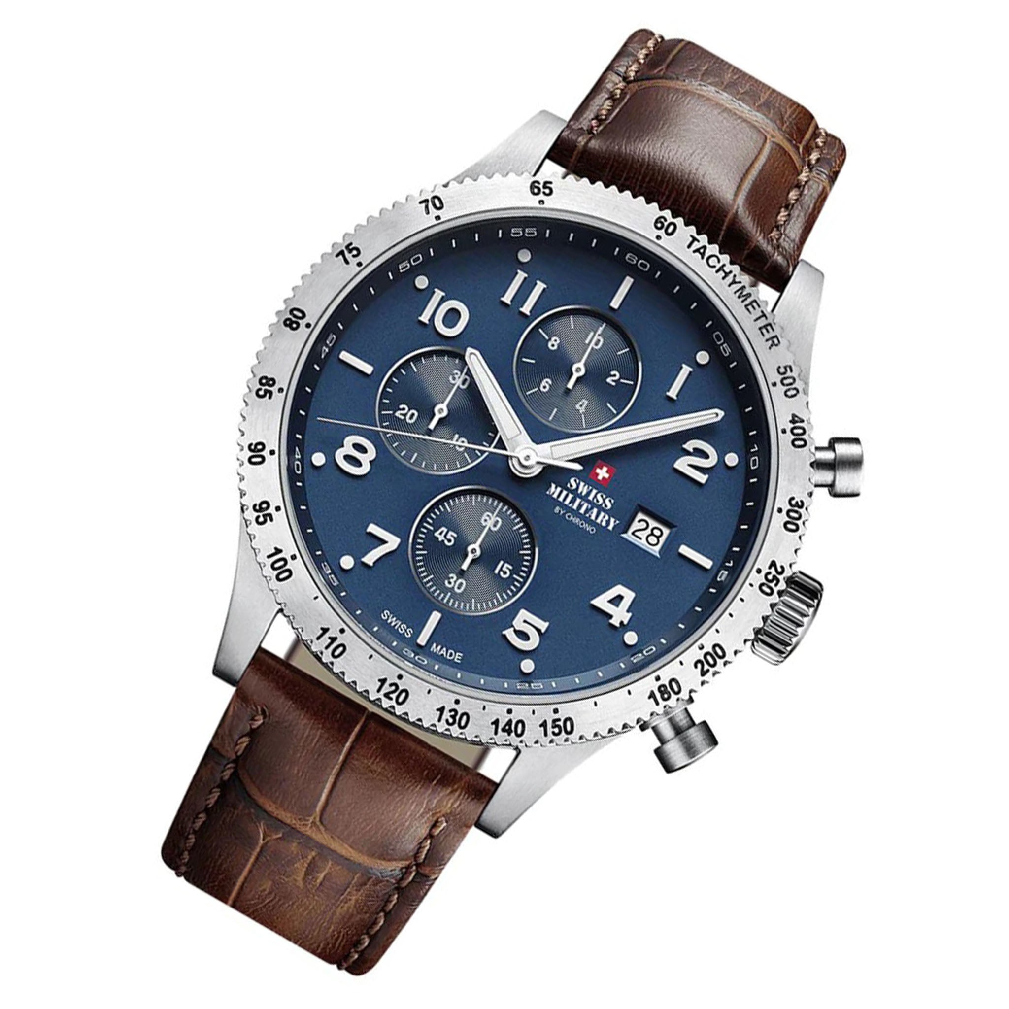 Swiss Military Brown Leather Blue Dial Men's Chronograph Swiss Made Watch - SM34084.06