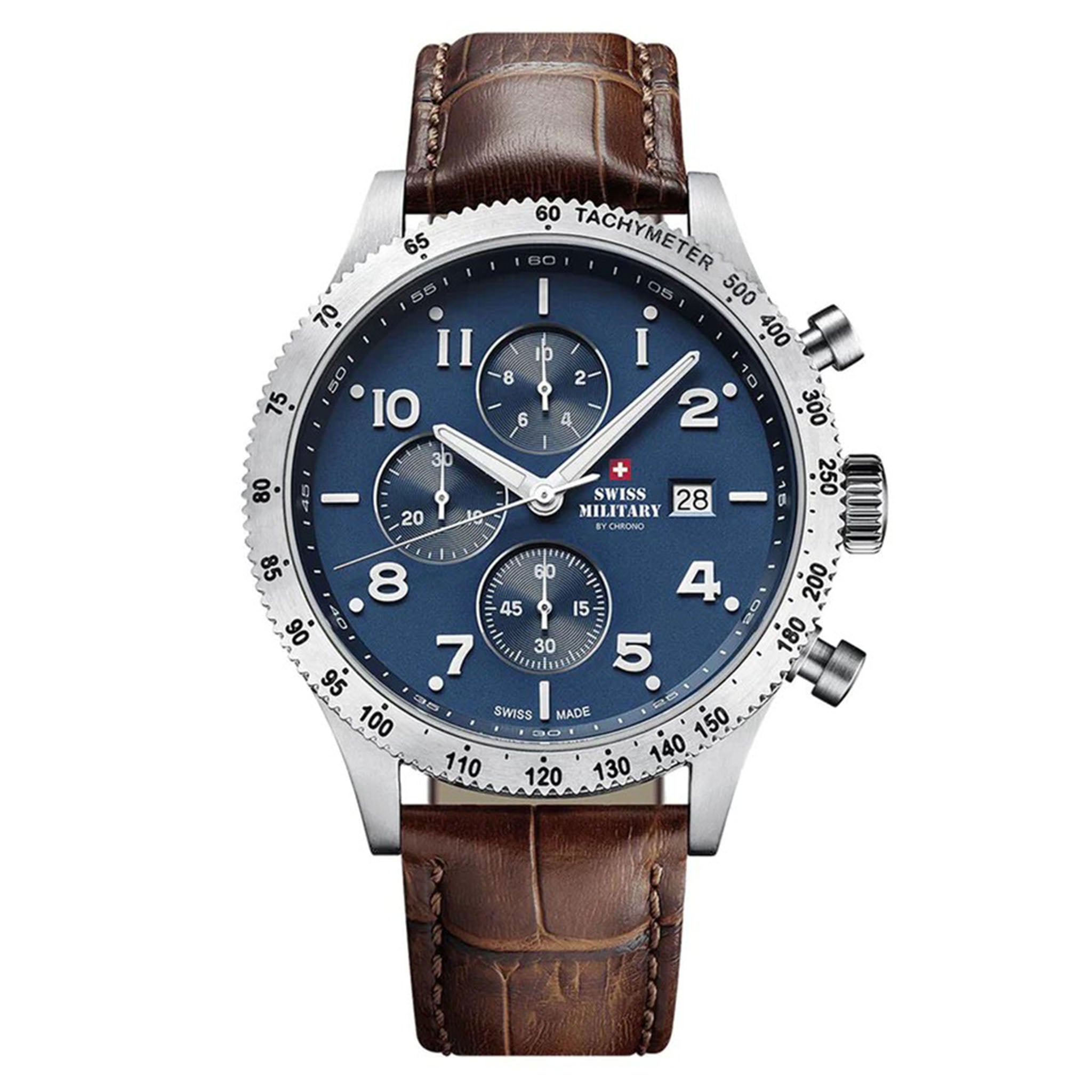 Swiss Military Brown Leather Blue Dial Men's Chronograph Swiss Made Watch - SM34084.06