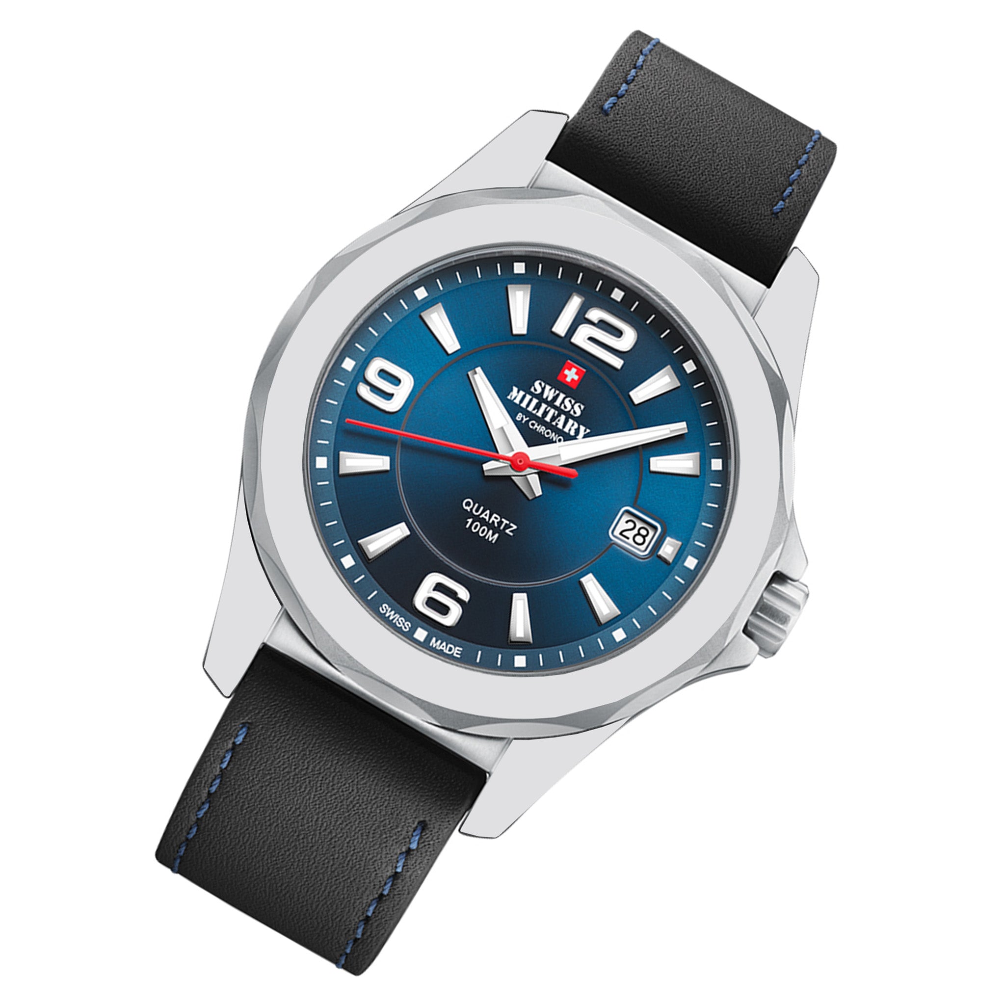 Swiss Military Black Leather Blue Dial Men's Swiss Made Watch - SM34099.02