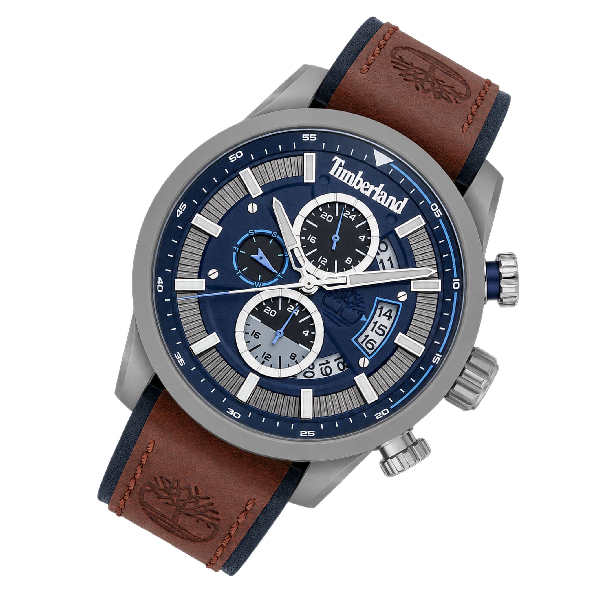 Timberland Dark Brown Leather Blue Dial Chronograph Men's Watch - TDWGF2102602