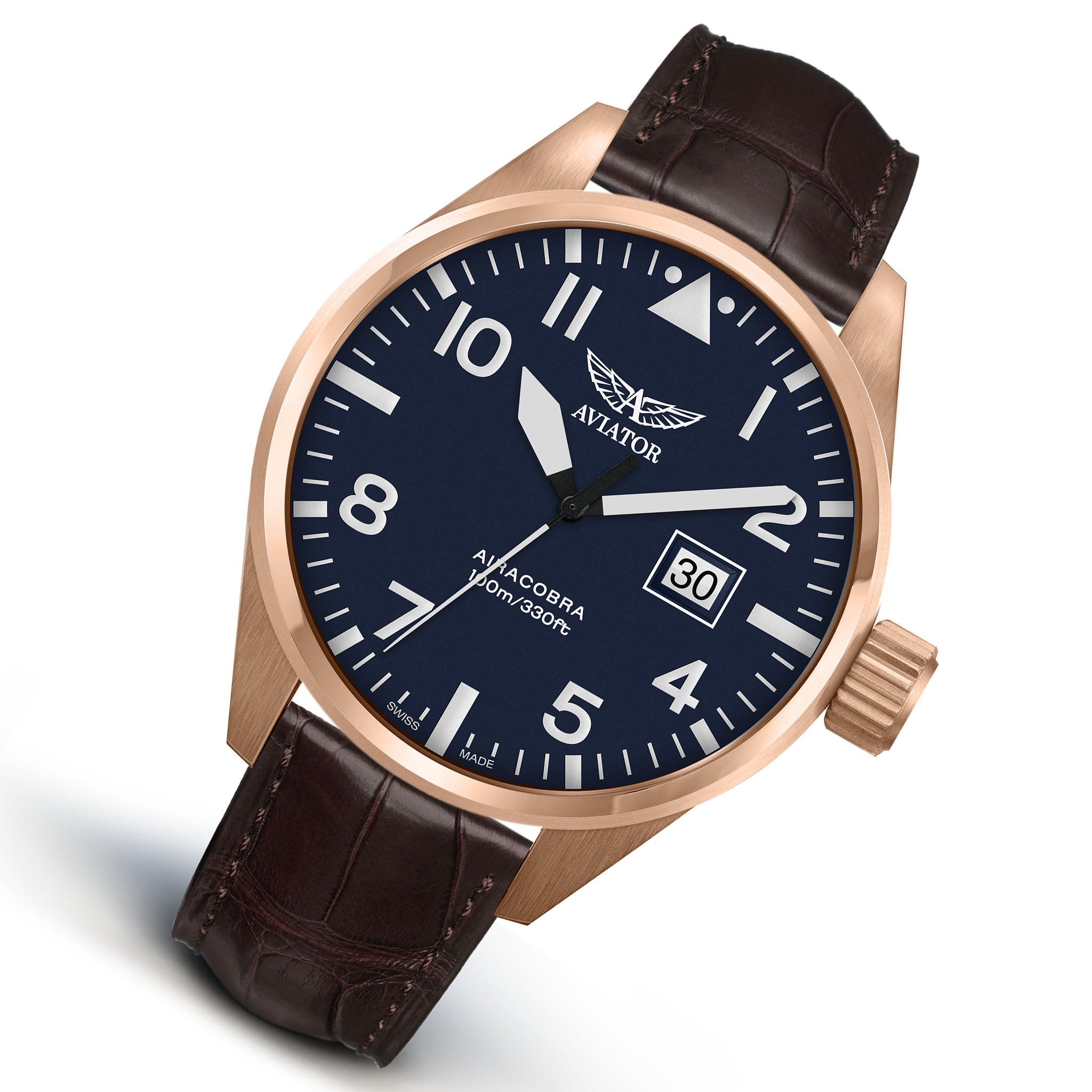Aviator Brown Leather Blue Dial Swiss Made Men's Watch - V12221490