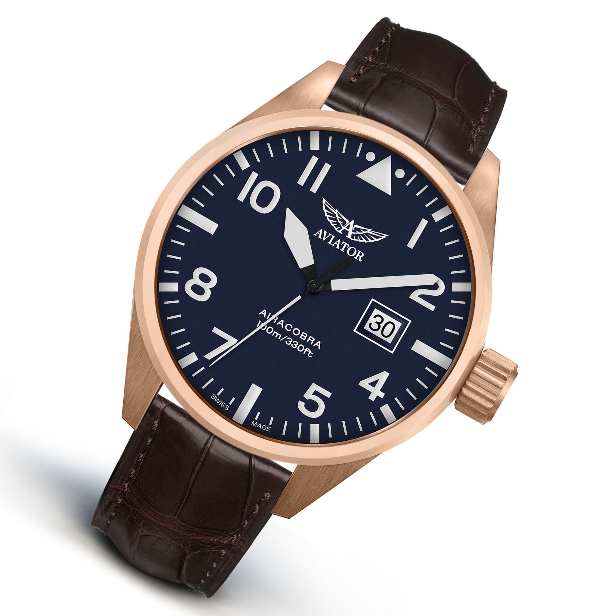 Aviator Brown Leather Blue Dial Swiss Made Men's Watch - V12221490