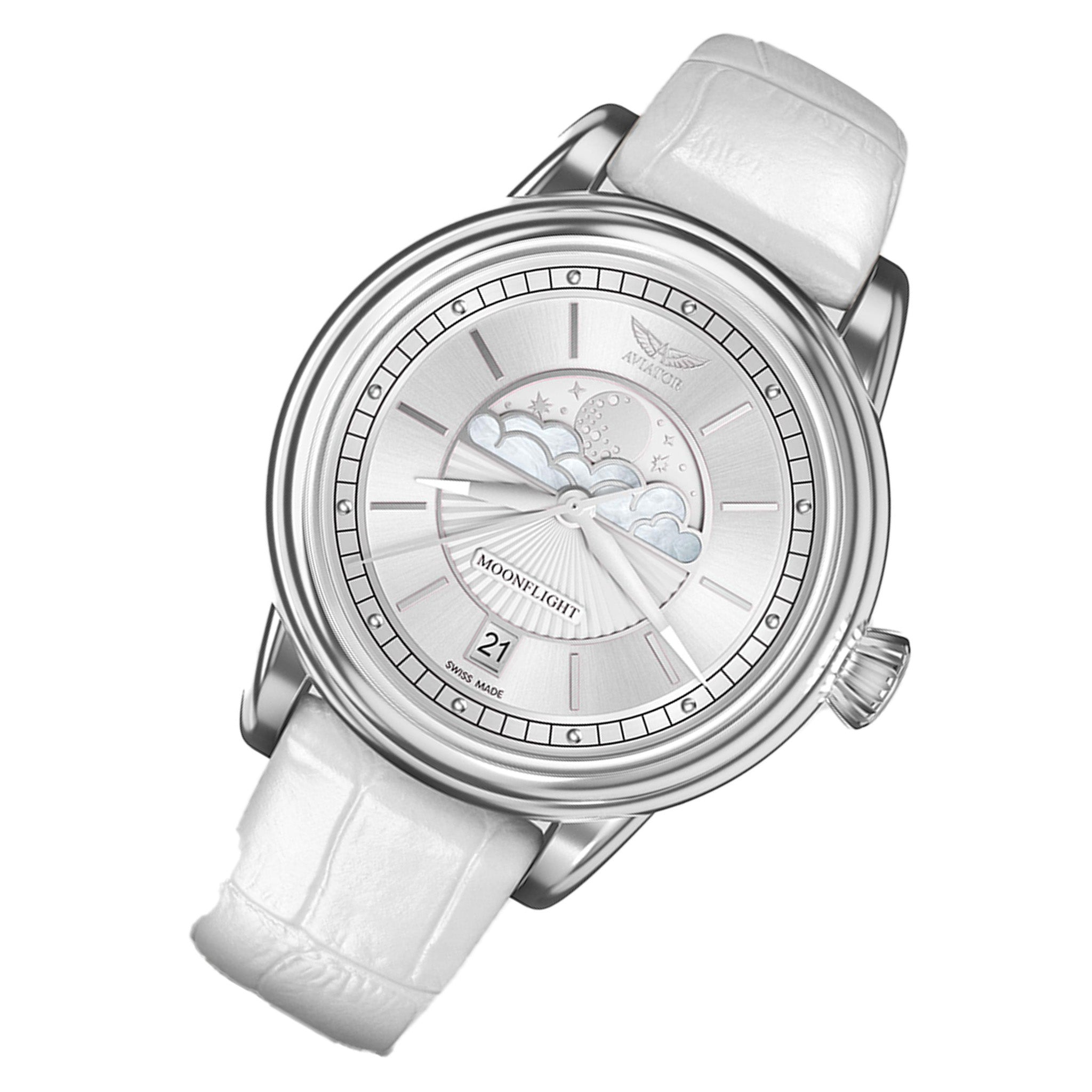 Aviator White Leather Swiss Made Women's Watch - V13302504