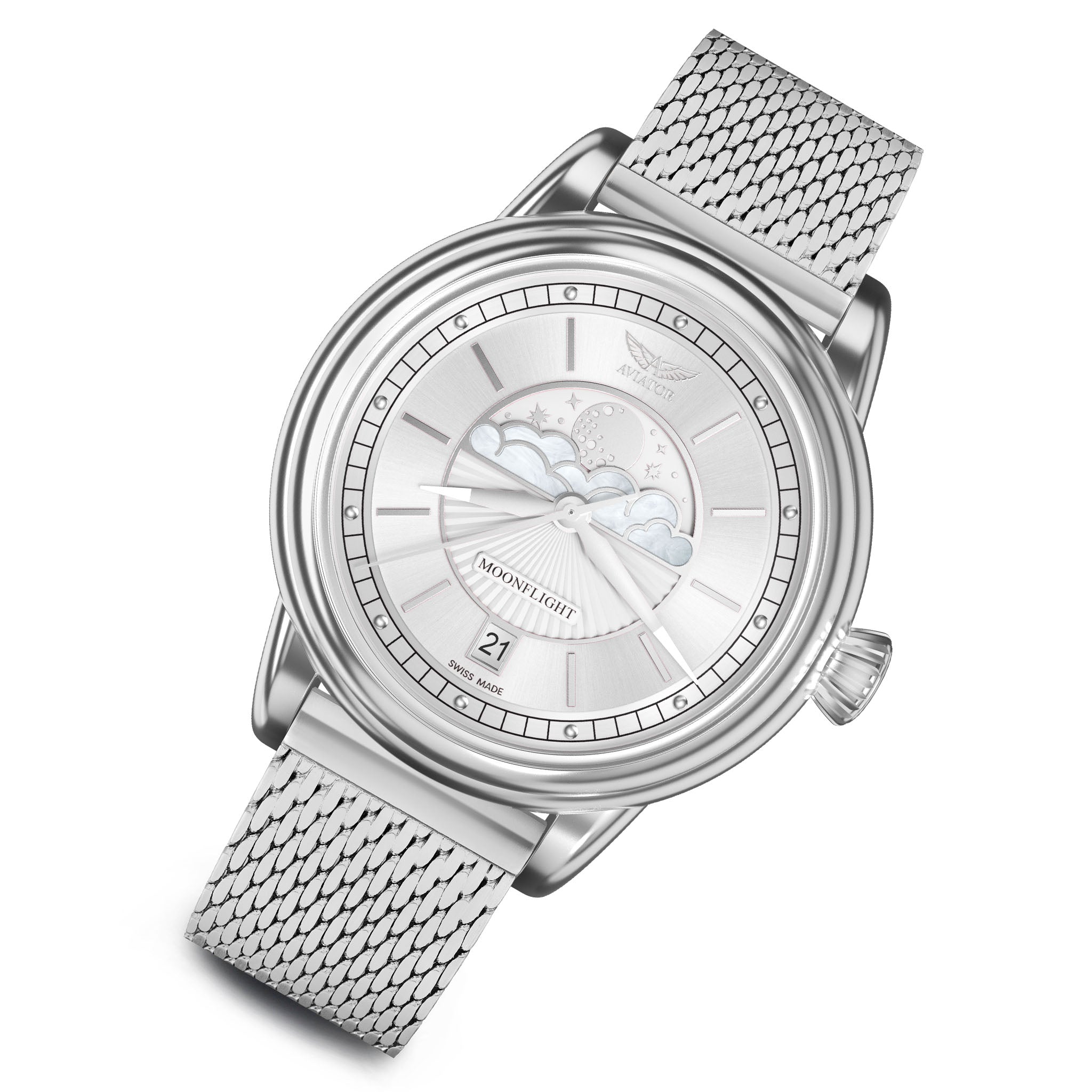 Aviator White Milanese Stainless Steel Mesh Swiss Made Women's Watch - V13302505