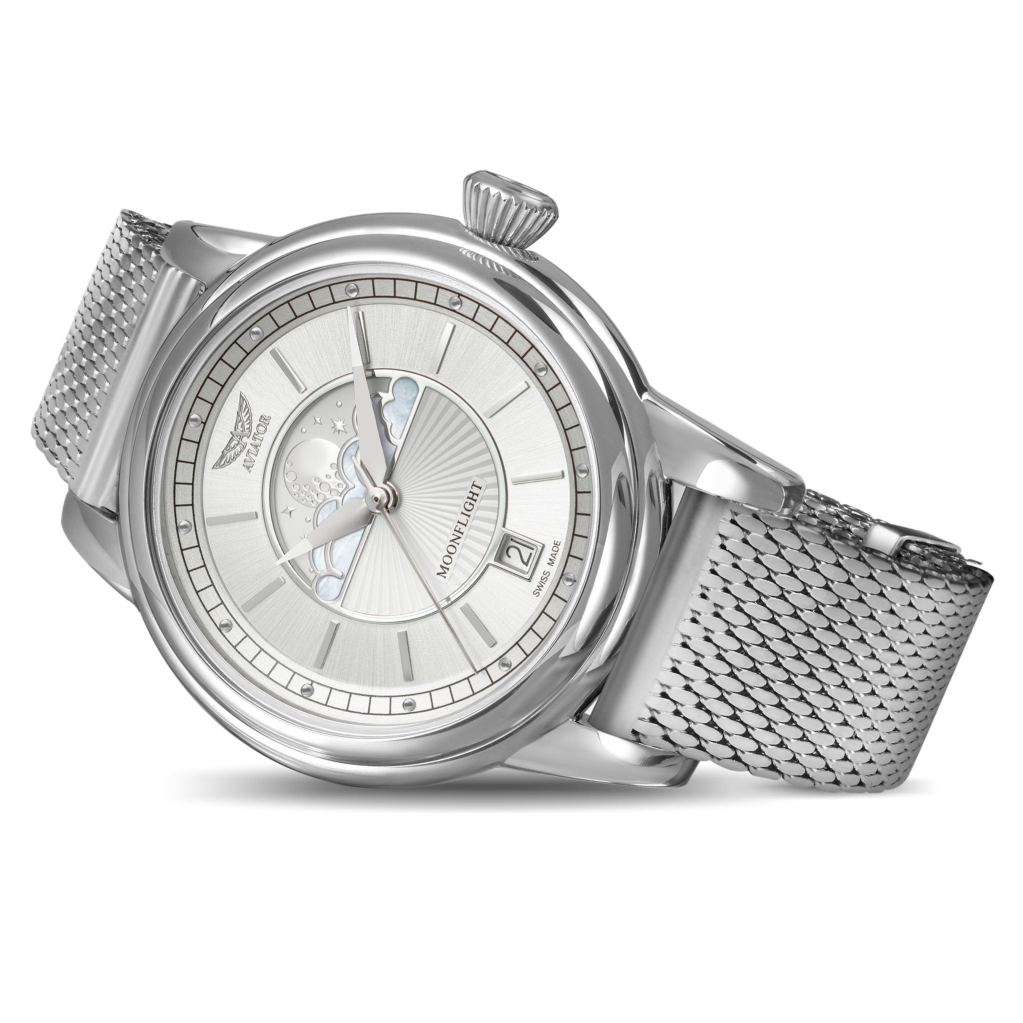 Aviator White Milanese Stainless Steel Mesh Swiss Made Women's Watch - V13302505
