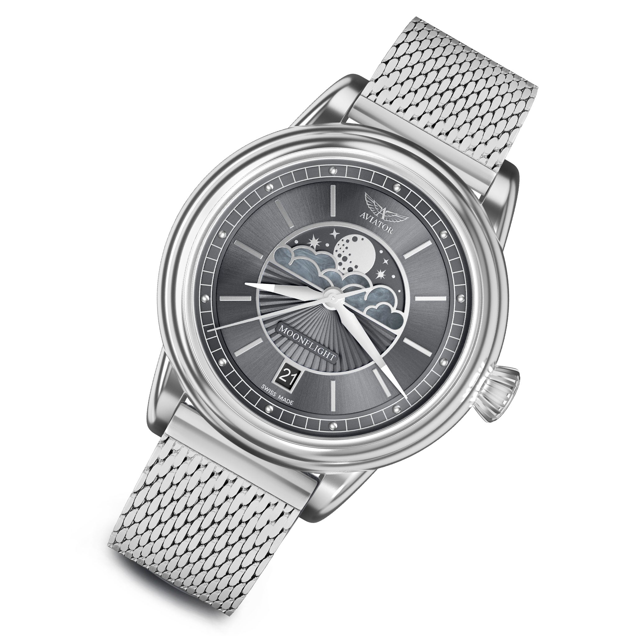 Aviator Grey Milanese Stainless Steel Mesh Swiss Made Women's Watch - V13302545