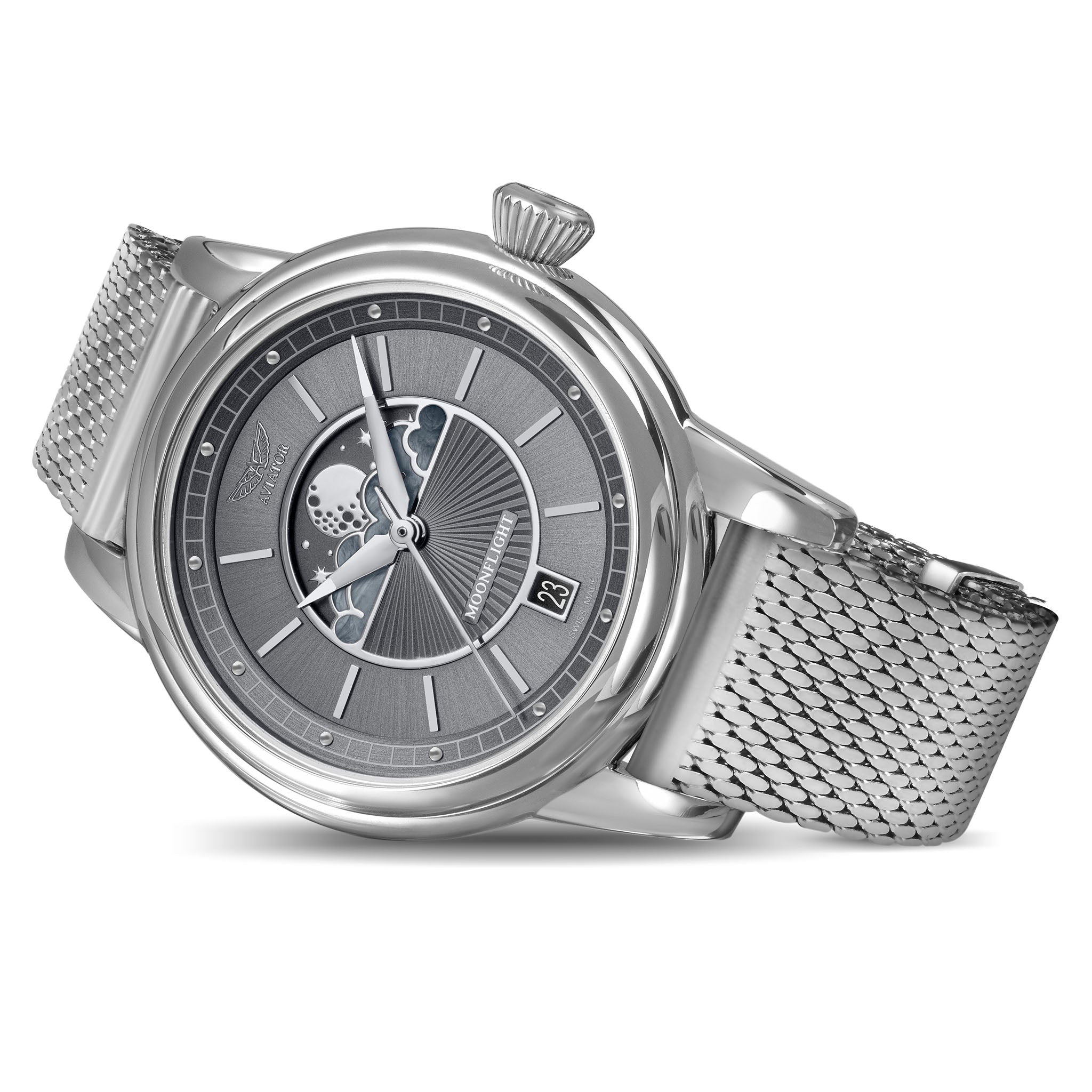 Aviator Grey Milanese Stainless Steel Mesh Swiss Made Women's Watch - V13302545