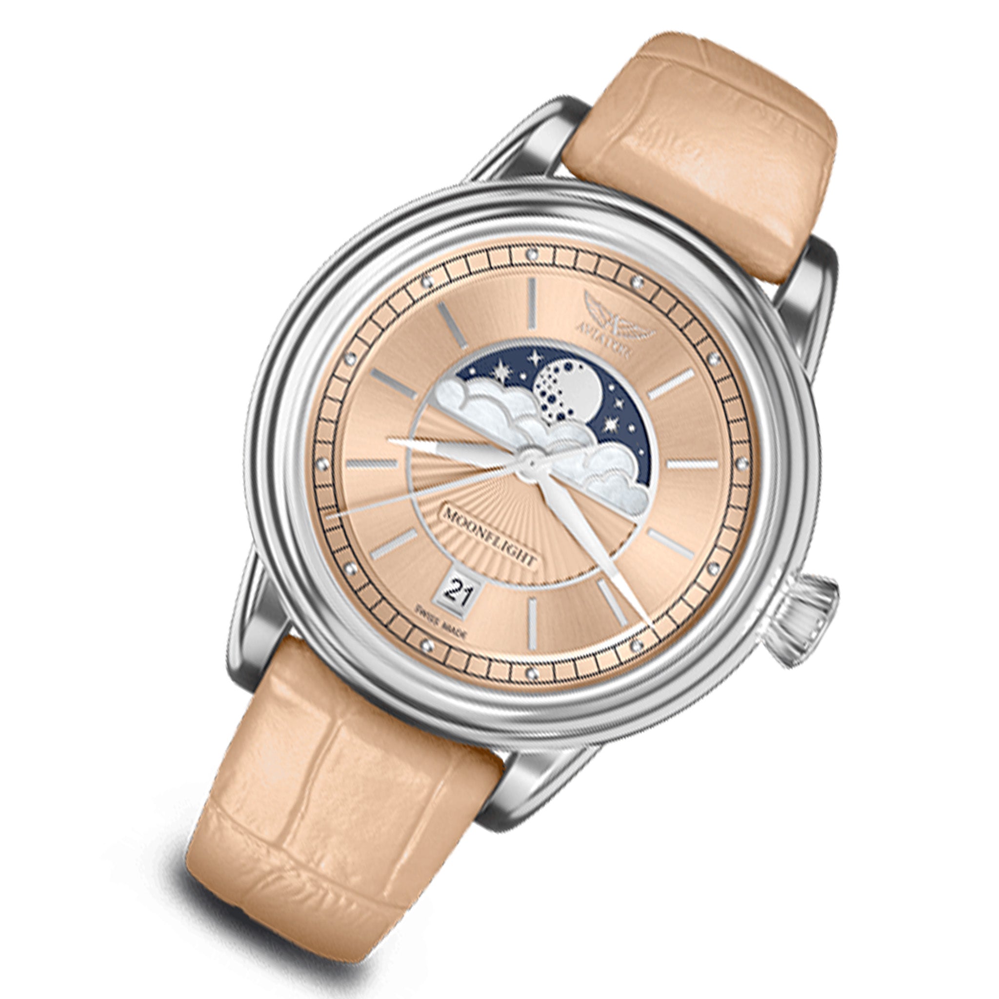 Aviator Beige Leather Women's Swiss Made Watch - V13302594