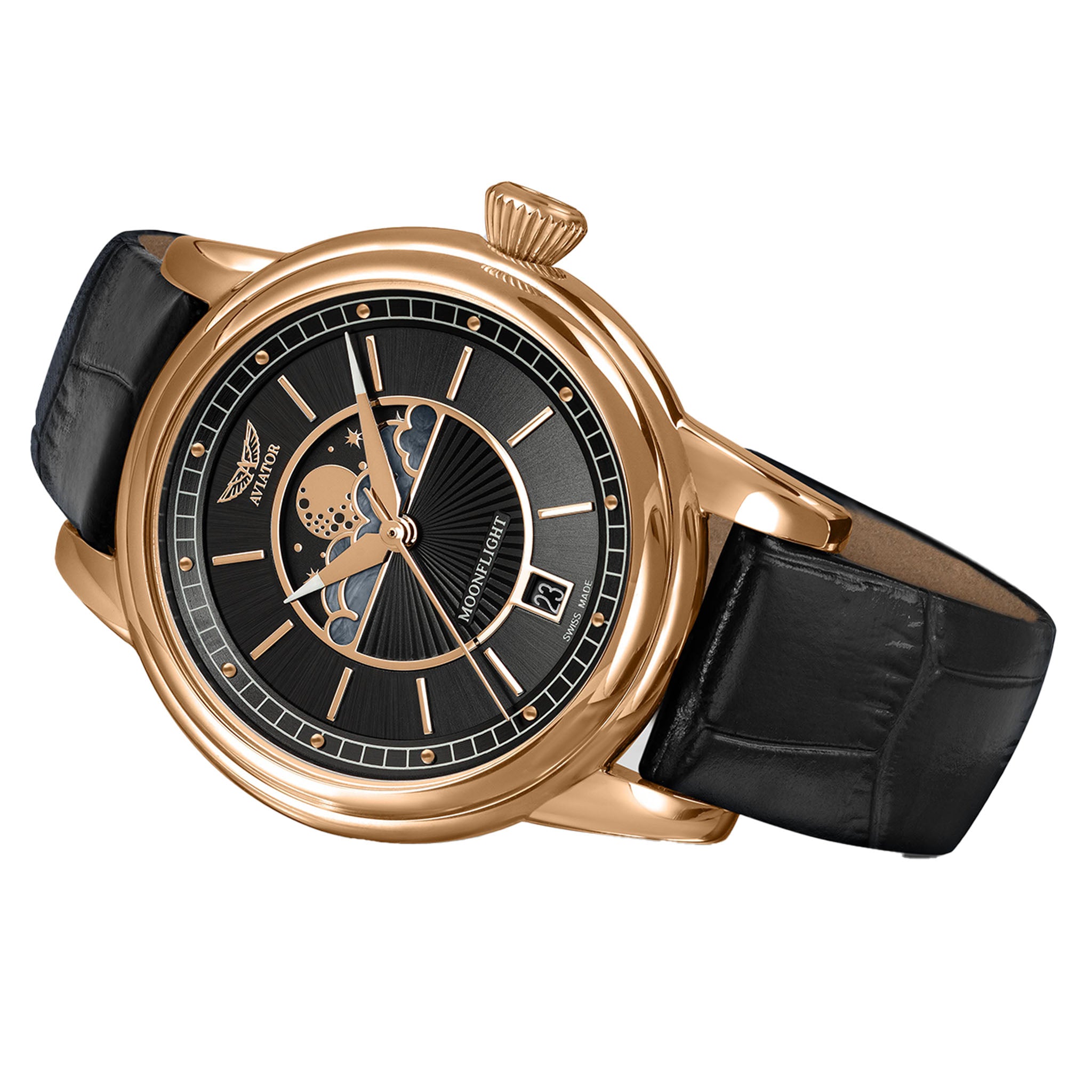 Aviator Black Leather Swiss Made Women's Watch - V13322534